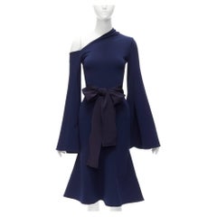 SOLACE LONDON Haso navy blue asymmetric stretch crepe bell sleeves dress UK4 XXS