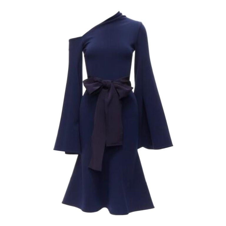 SOLACE LONDON Haso navy blue asymmetric stretch crepe bell sleeves dress  UK4 XXS For Sale at 1stDibs