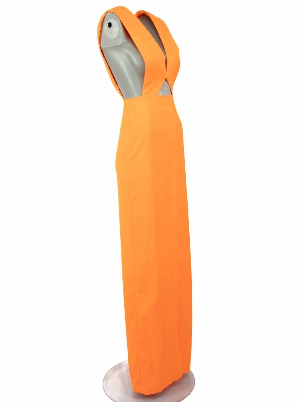 CONDITION is Never worn, with tags. No visible wear to dress is evident on this new Solace London designer resale item.
 
Details
Orange
Polyester
Dress
Cut-out
Maxi
Sleeveless
Plunge neck
Front leg slit
Back zip, hook and button fastening
 
Made in