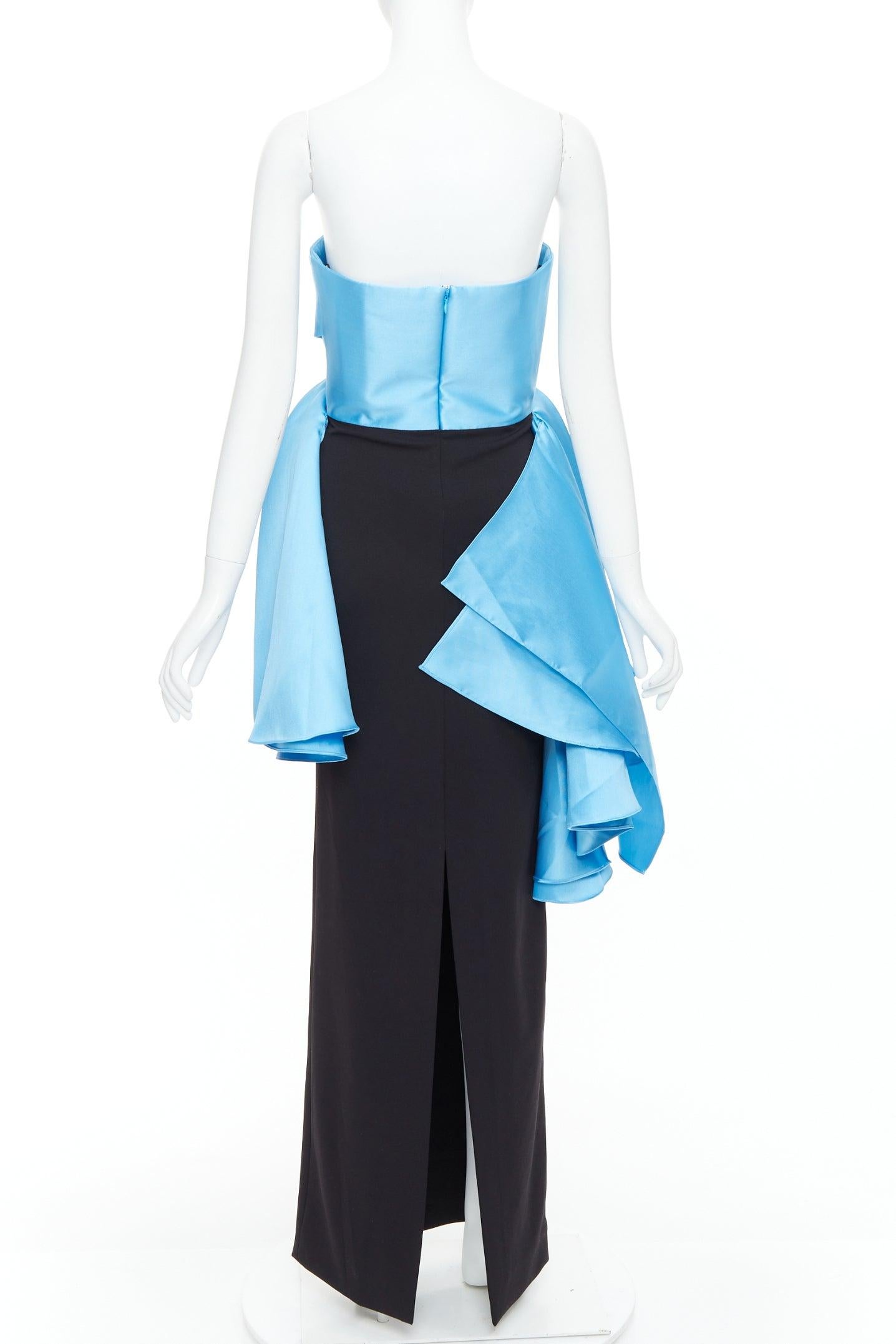 Women's SOLACE LONDON The Darra blue satin draped black long strapless gown UK8 S For Sale
