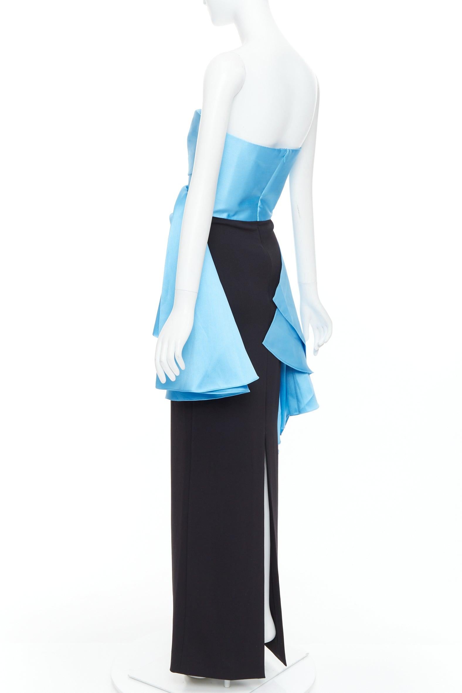SOLACE LONDON The Darra blue satin draped black long strapless gown UK8 S For Sale 1