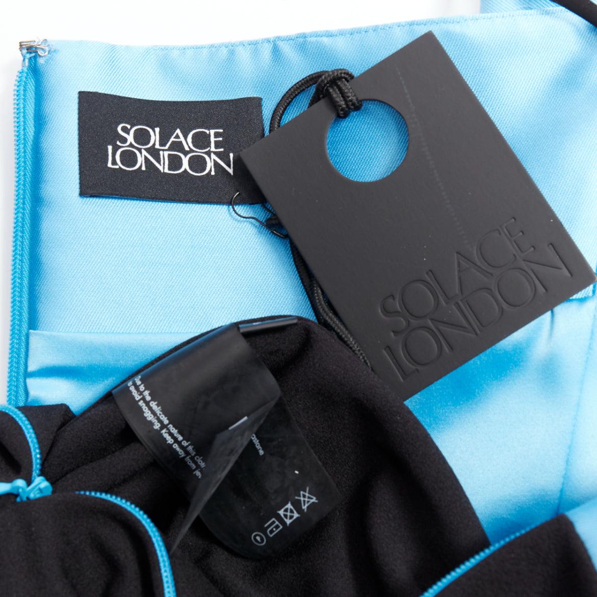 SOLACE LONDON The Darra blue satin draped black long strapless gown UK8 S For Sale 3