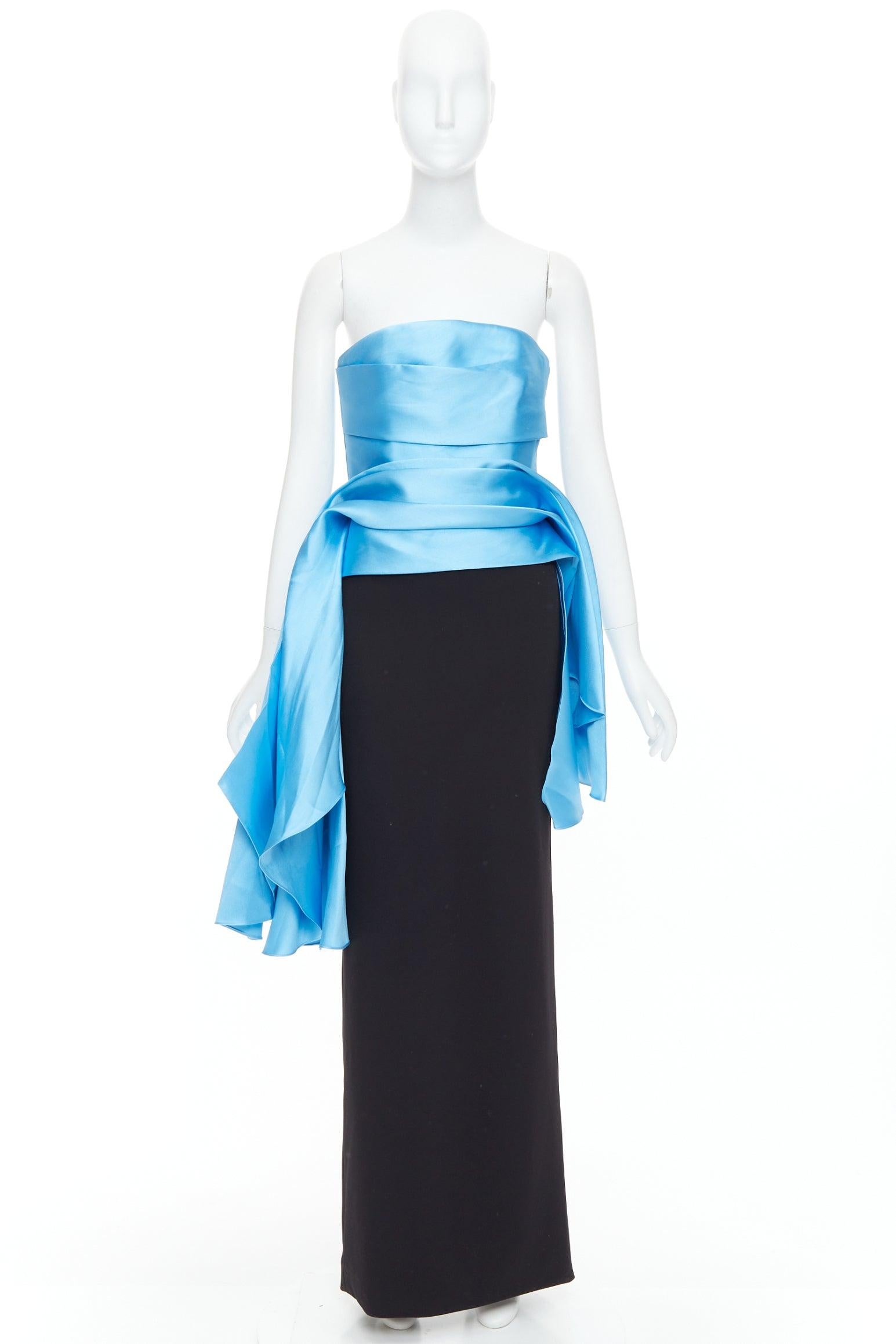 SOLACE LONDON The Darra blue satin draped black long strapless gown UK8 S For Sale 4