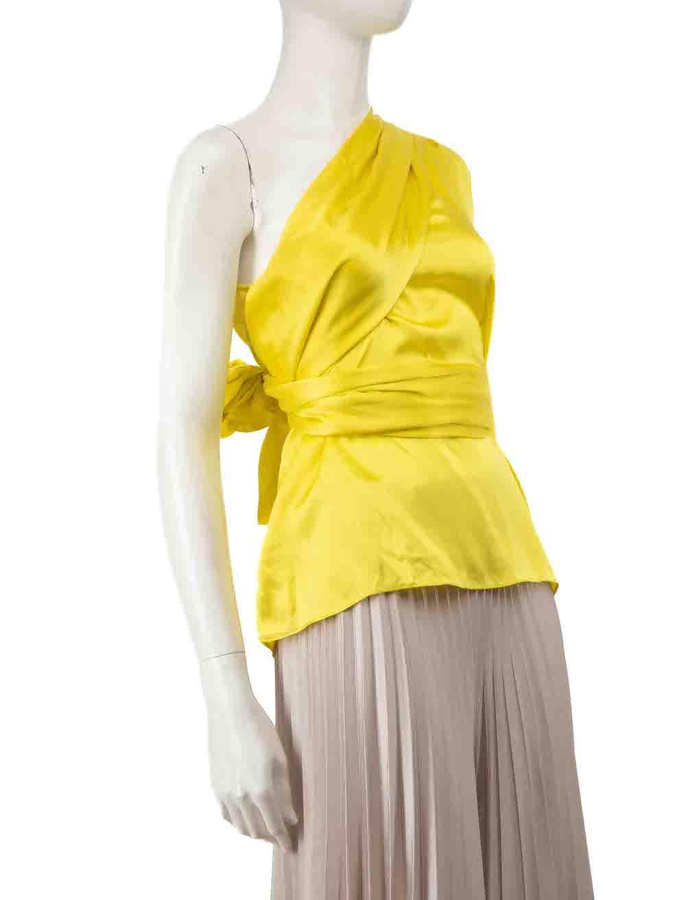 CONDITION is Very good. Minimal wear to top is evident. One side of the brand label has come unstitched on this used Solace London designer resale item.
 
 
 
 Details
 
 
 Yellow
 
 Silk
 
 Top
 
 One shoulder
 
 Long wide sleeve
 
 Side zip