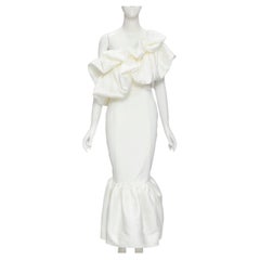 SOLACE Tove Midi-Kleid mit Rüschen aus weißem Polyester mit Kaskadenmuster UK12 M