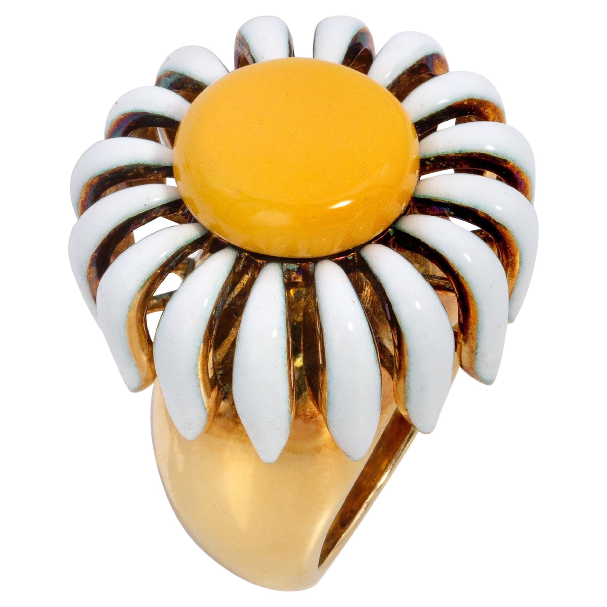Solange Azagury-Partridge Enamel and Yellow Gold Daisy Cocktail Ring 2010 For Sale