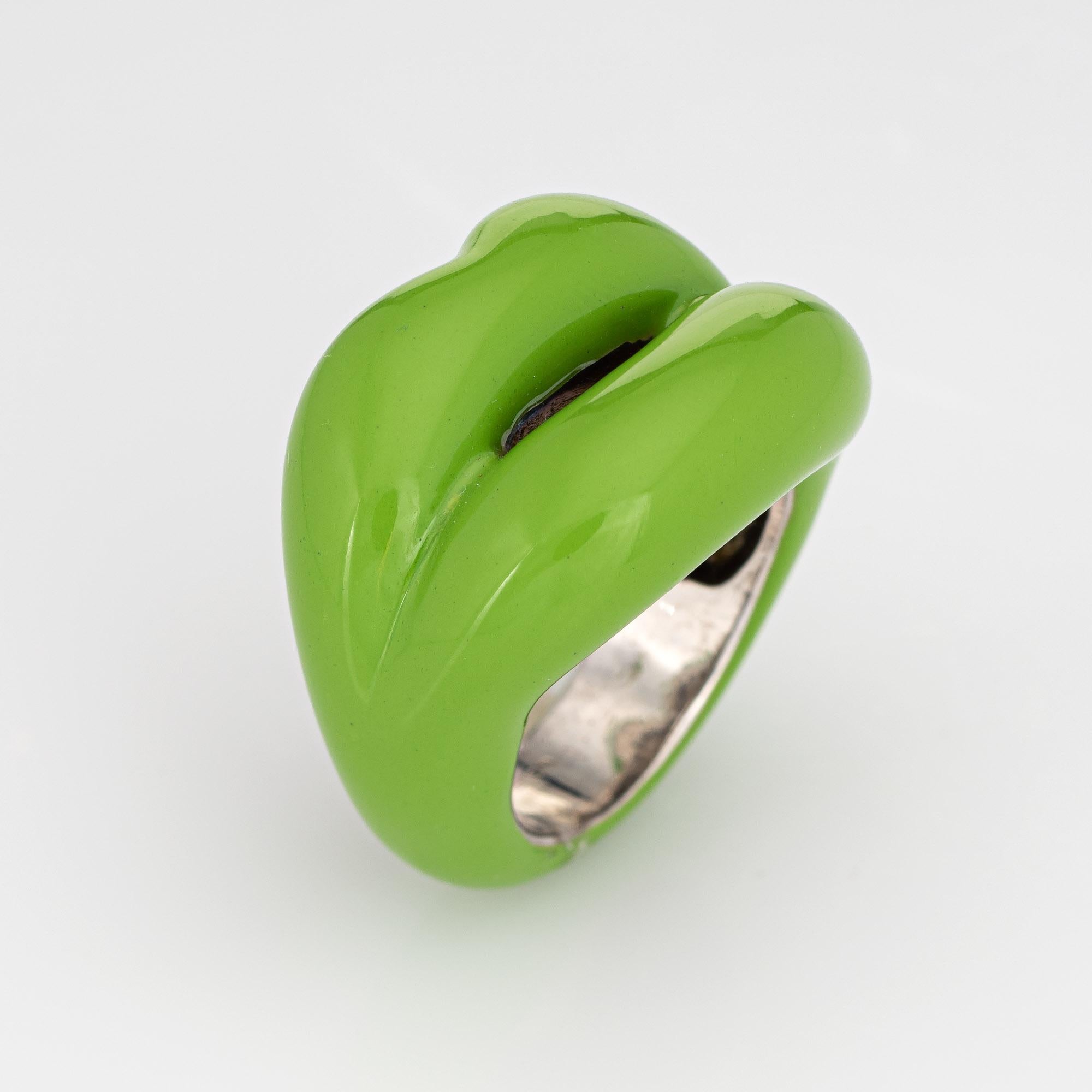 Stylish pre-owned Solange Azagury Partridge ring crafted in sterling silver. 

The 'hotlips' ring by Solange is rendered in green enamel. The low rise ring (6mm - 0.23 inches) sits comfortably on the finger. The ring retailed for $1,650. 

The ring