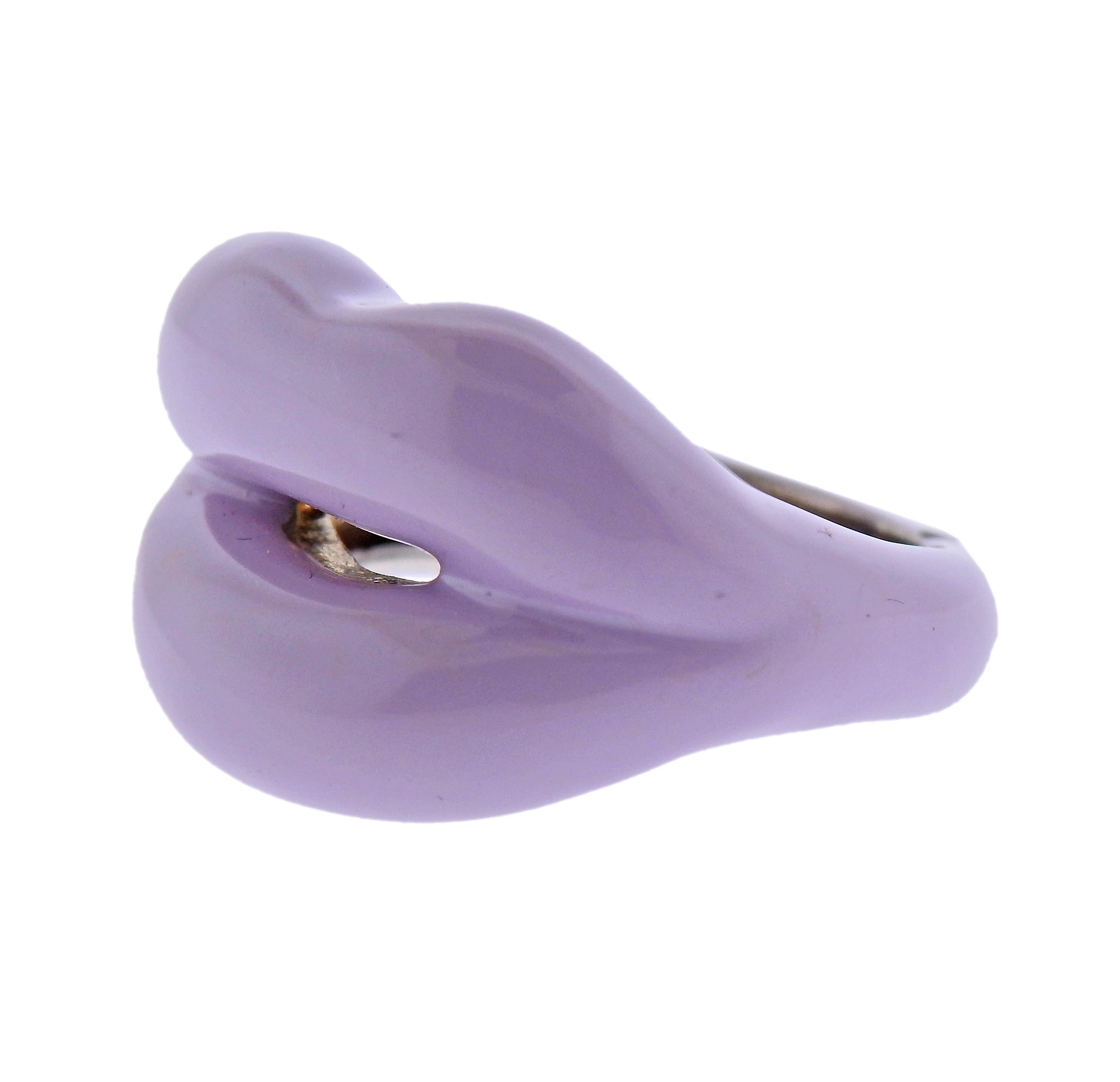 New with tag, sterling silver lips ring by Solange Azagury-Partridge, with lavender enamel. Ring size 7, ring top is 16mm.  Marked with Maker's English marks and 925. Retail $1650. Weight - 12.5 grams.
