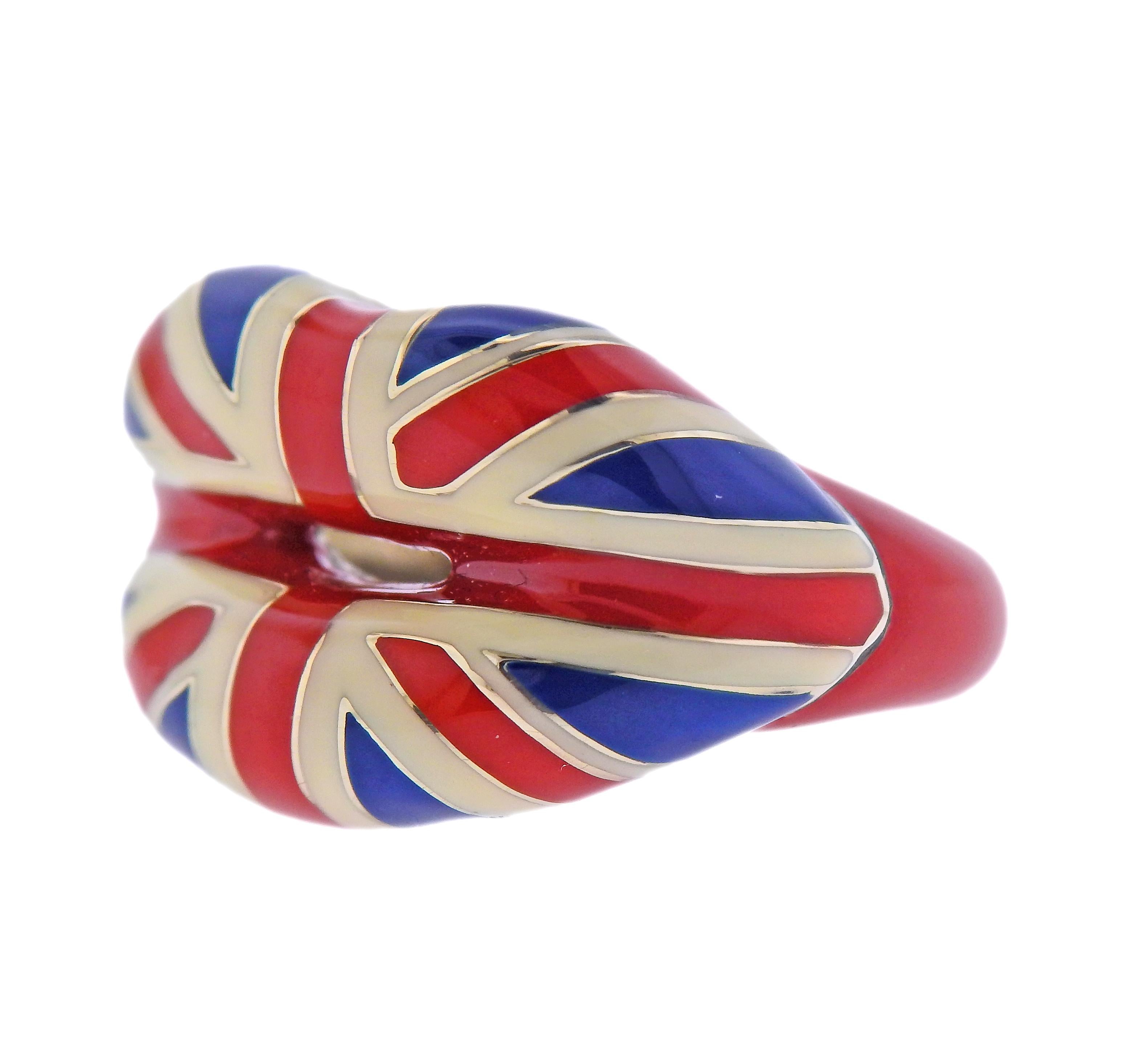 New with tag sterling silver lips ring by Solange Azagury-Partridge, with Union Jack flag enamel. Ring size - 6.25, top is 16mm wide. Marked 925 and with English maker's marks. Retail $1650. Weight - 11.2 grams.