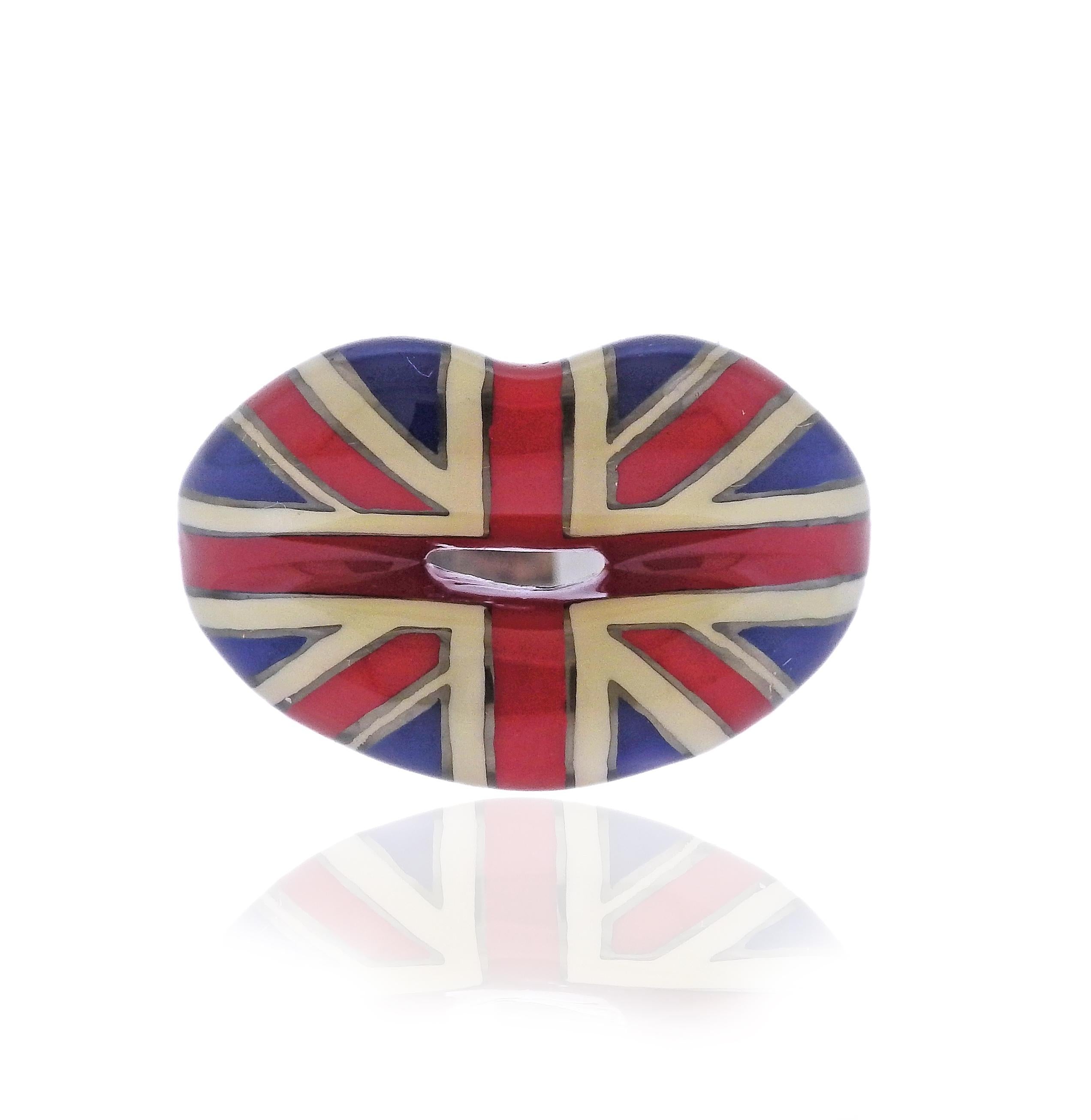 New with tag sterling silver lips ring by Solange Azagury-Partridge, with Union Jack flag enamel. Ring size - 5.5 (EU 50) , top is 16mm wide. Marked 925 and with English maker's marks. Retail $1650. Weight - 10.8 grams.