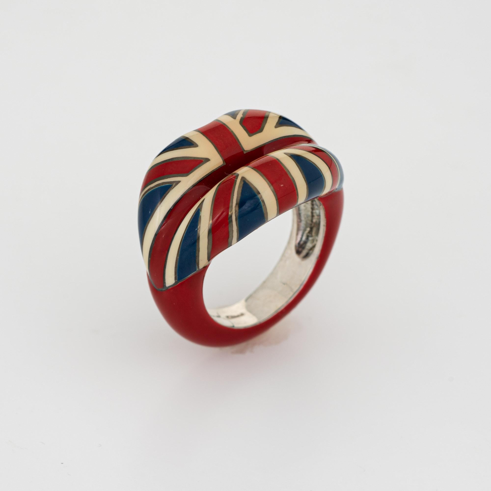 Stylish pre-owned Solange Azagury Partridge ring crafted in sterling silver. 

The 'hotlips' ring by Solange depicts the English Union Jack rendered in red, white and blue enamel. The low rise ring (6mm - 0.23 inches) sits comfortably on the finger.