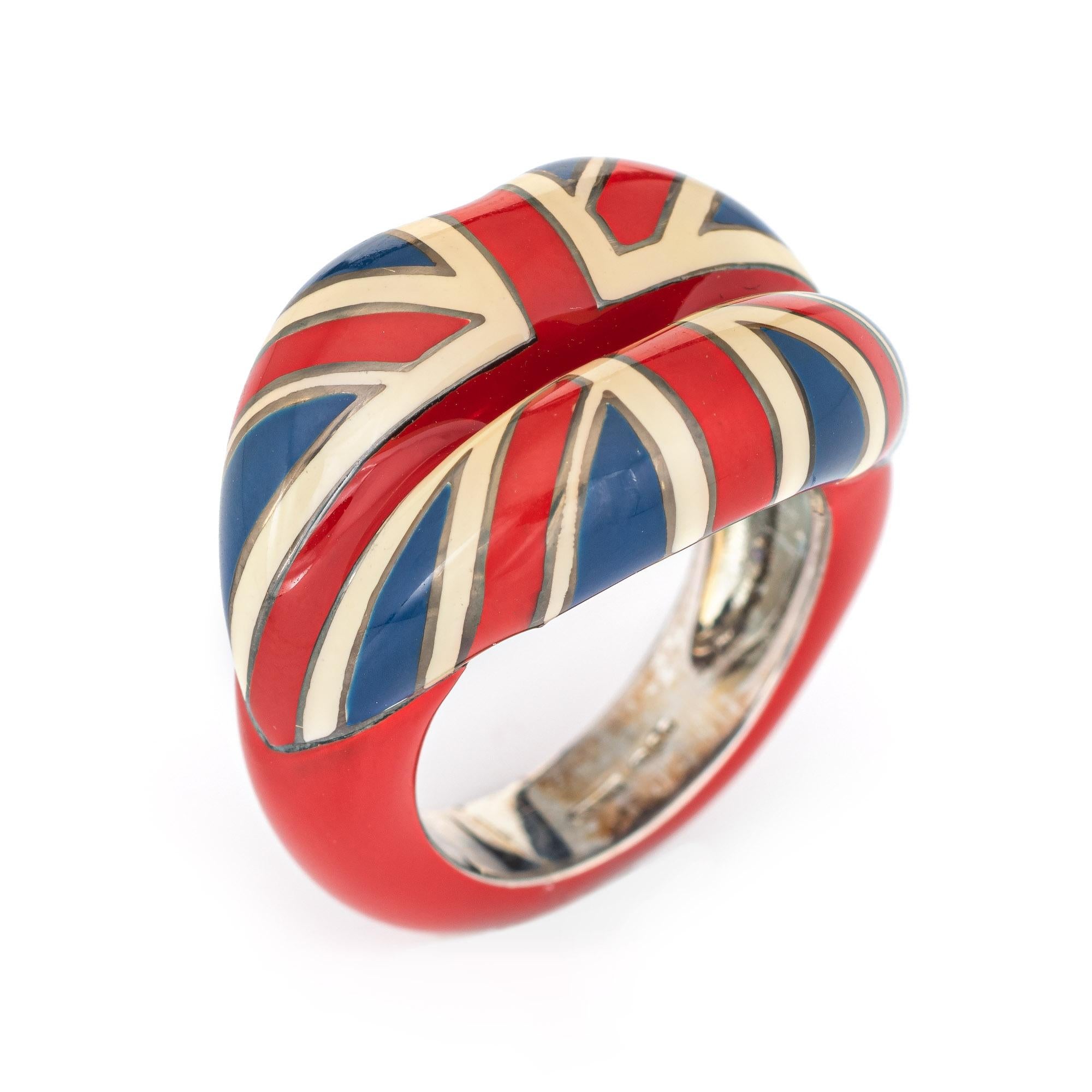 Stylish pre-owned Solange Azagury Partridge ring crafted in sterling silver. 

The 'hotlips' ring by Solange depicts the English Union Jack rendered in red, white and blue enamel. The ring The low rise ring (6mm - 0.23 inches) sits comfortably on