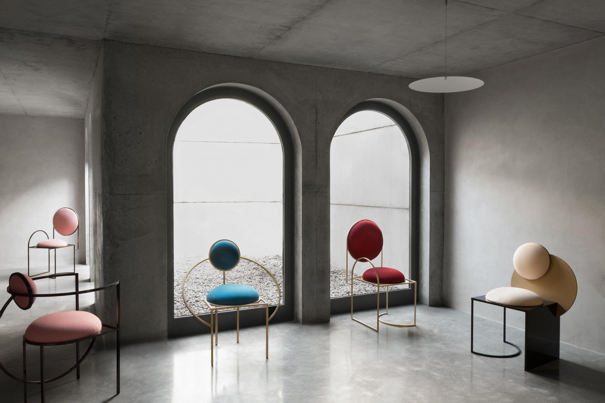 Contemporary Solar Chair in Red Wool Fabric and Brushed Brass Frame by Lara Bohinc