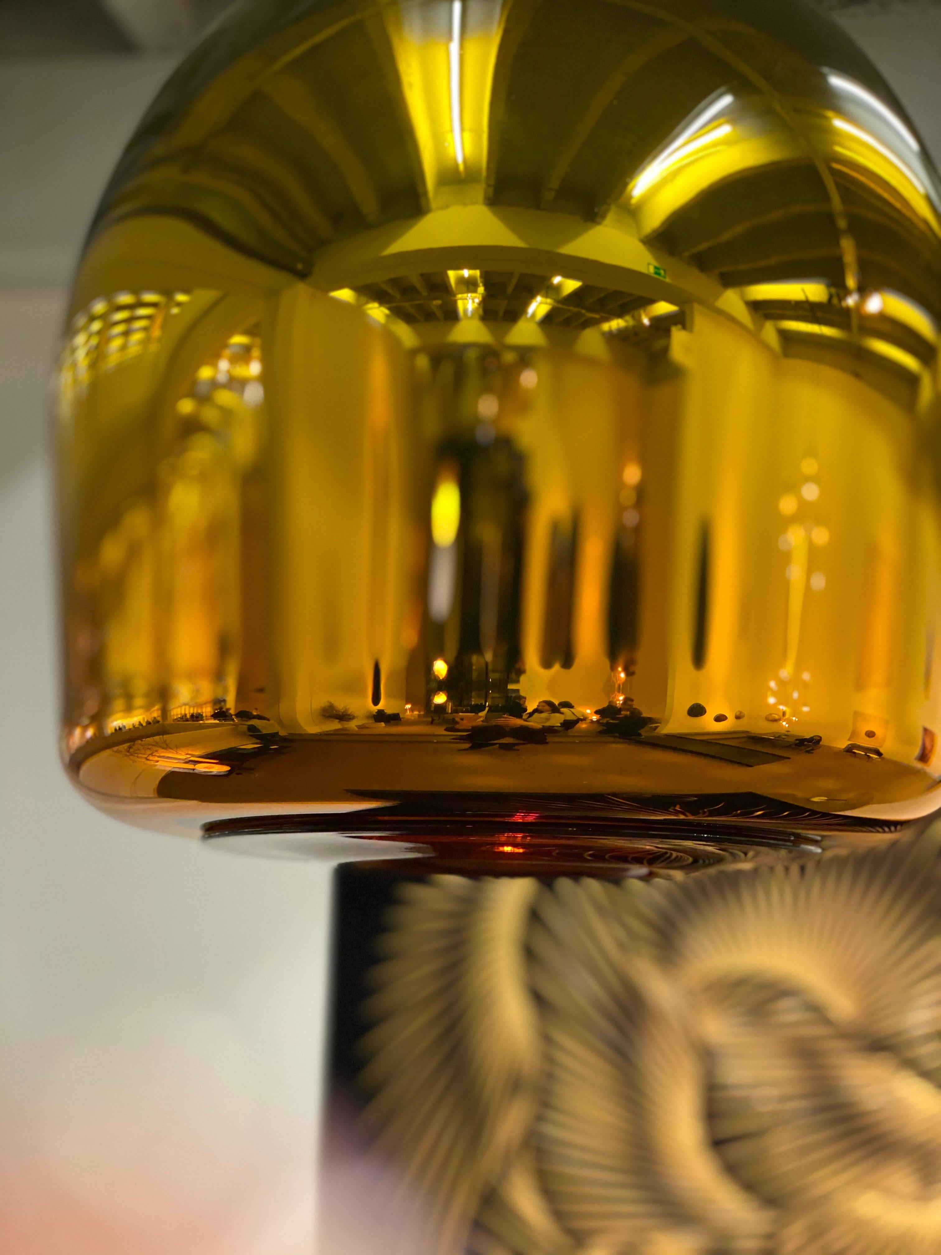 Solar pendant light by Jeremy Maxwell Wintrebert. It is made of blown glass and brass.

Dimensions: 23.6