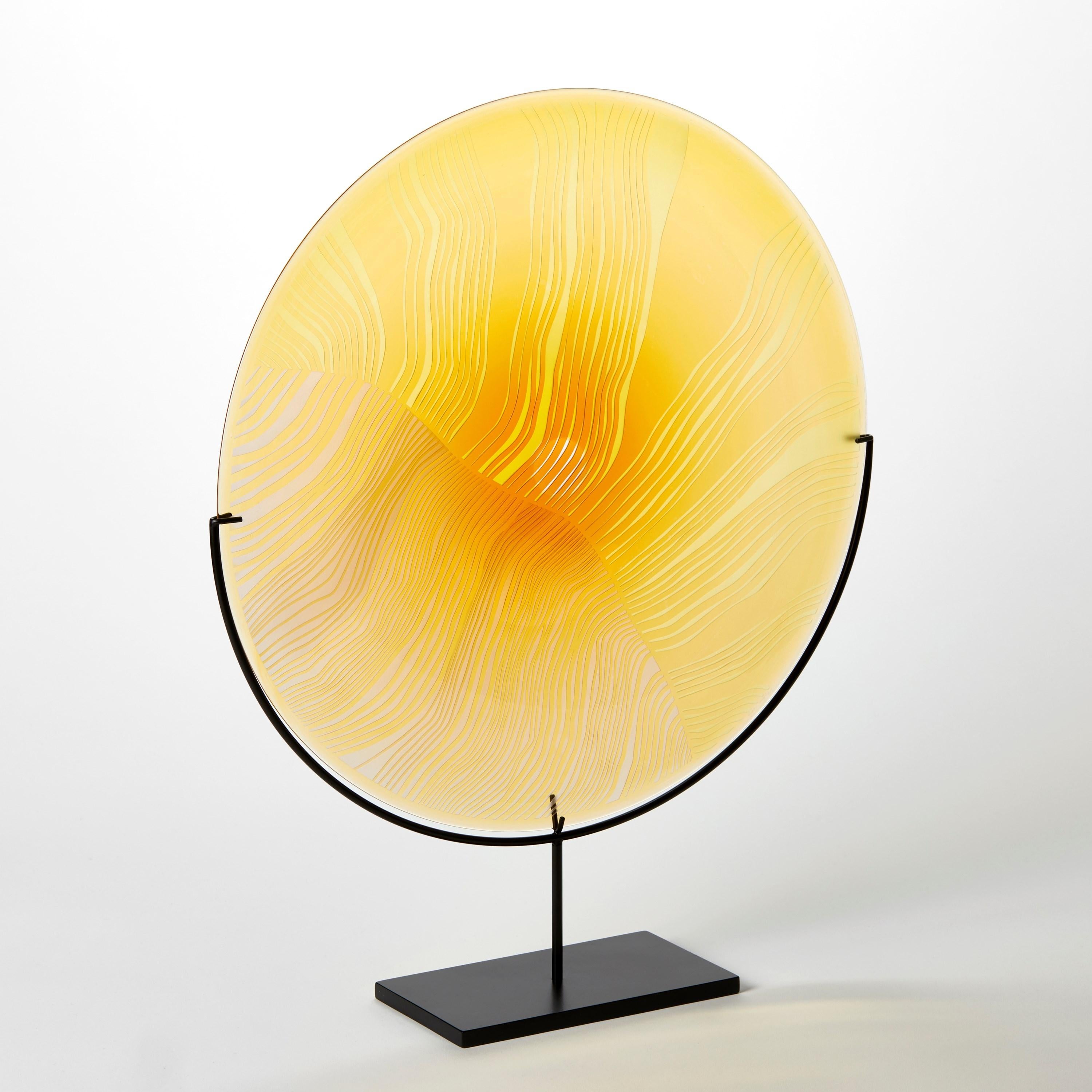 Organic Modern Solar Storm Gold over Gold, a mounted cut glass rondel artwork by Kate Jones For Sale