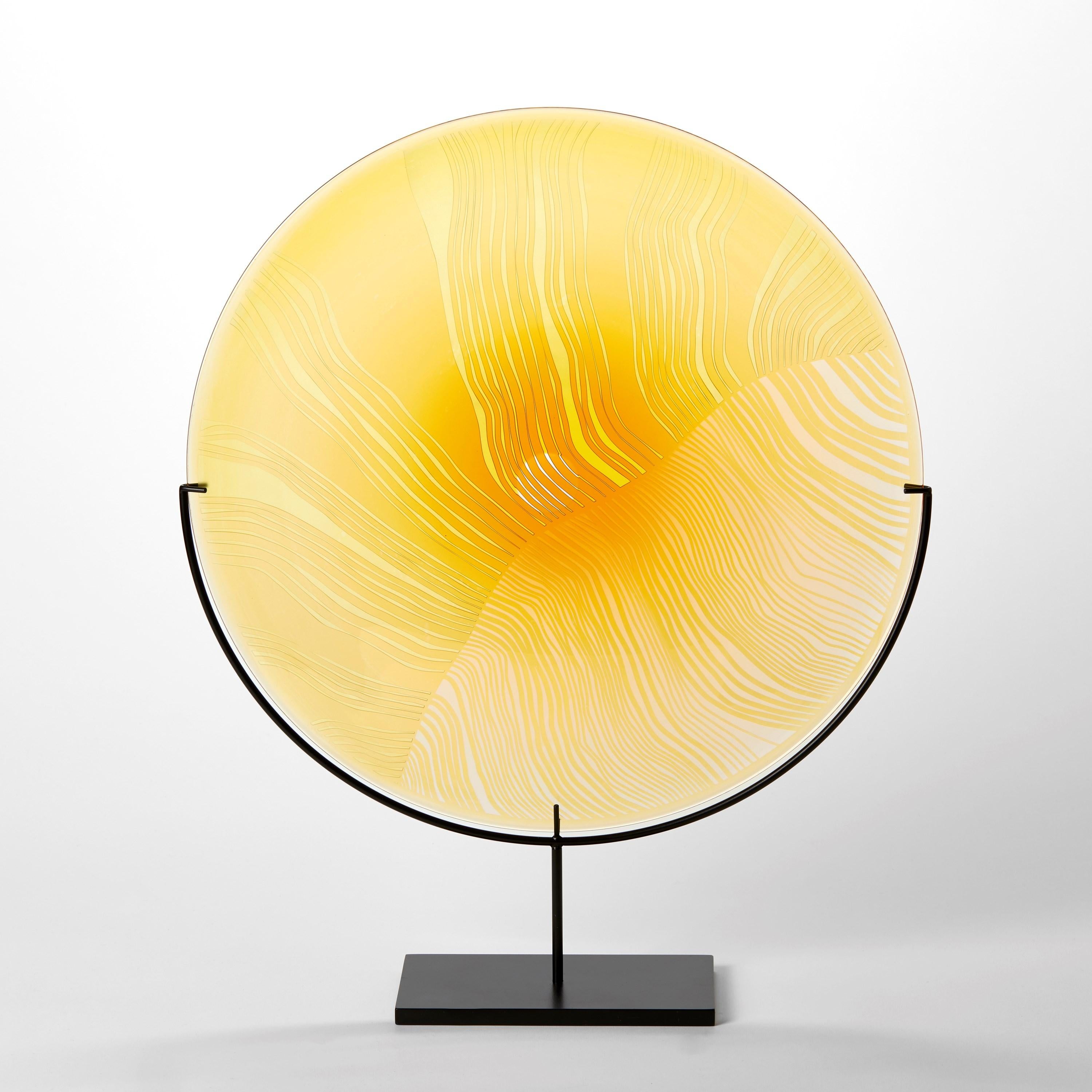 British Solar Storm Gold over Gold, a mounted cut glass rondel artwork by Kate Jones For Sale