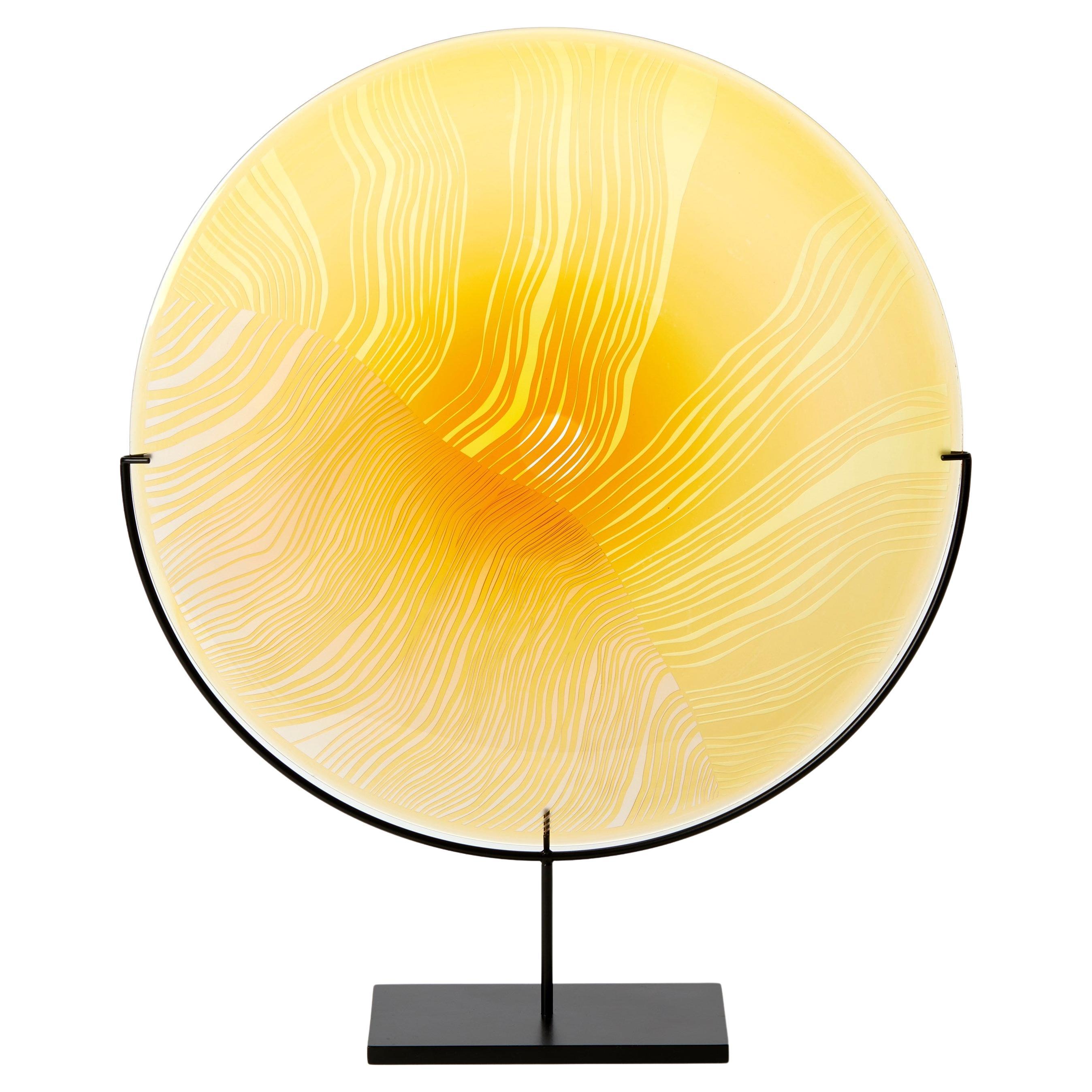 Solar Storm Gold over Gold, a mounted cut glass rondel artwork by Kate Jones