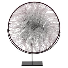 Solar Storm Monochrome IV, graphic abstract glass artwork + stand by Kate Jones