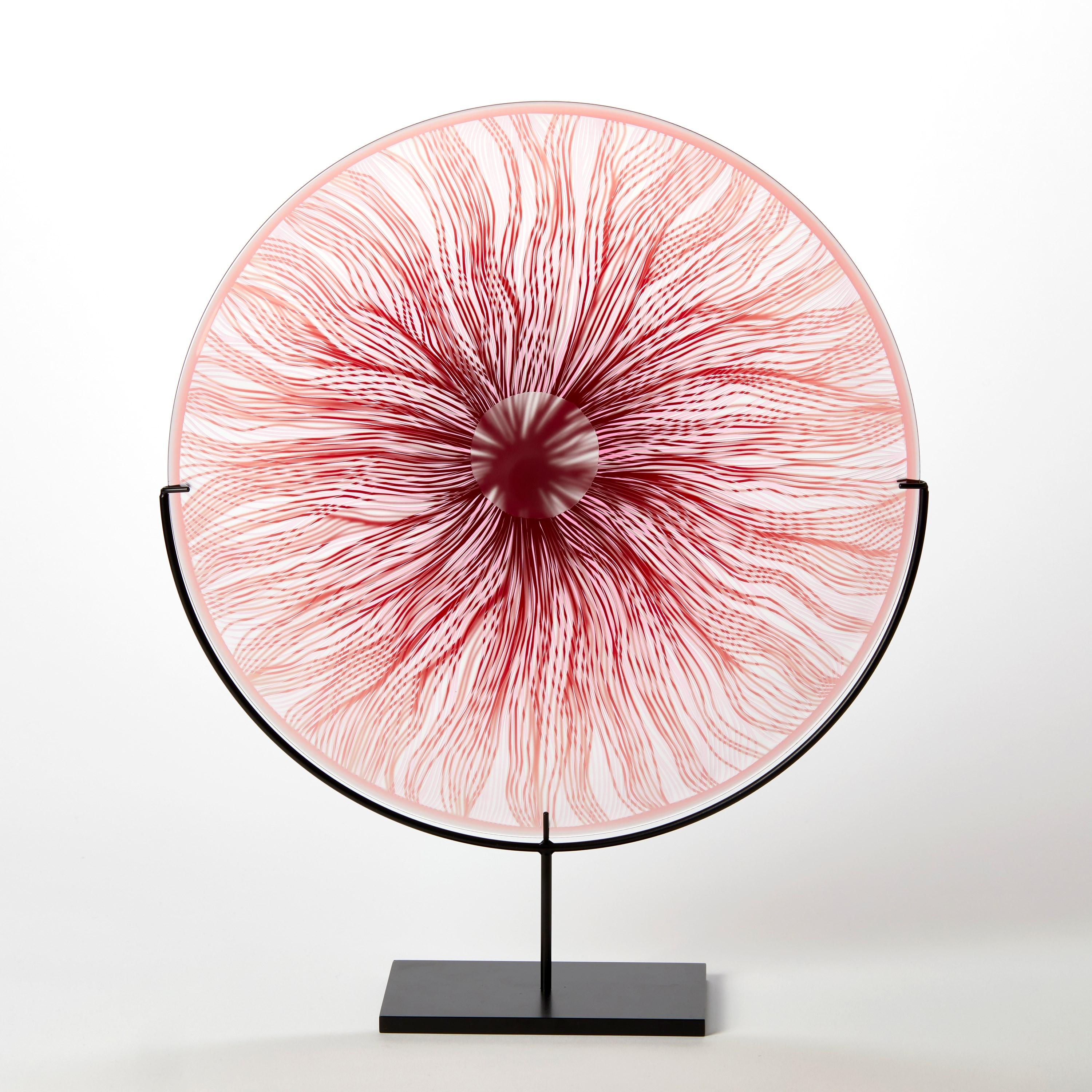 British Solar Storm Ruby Red over Pale Pink, a linear cut glass artwork by Kate Jones For Sale