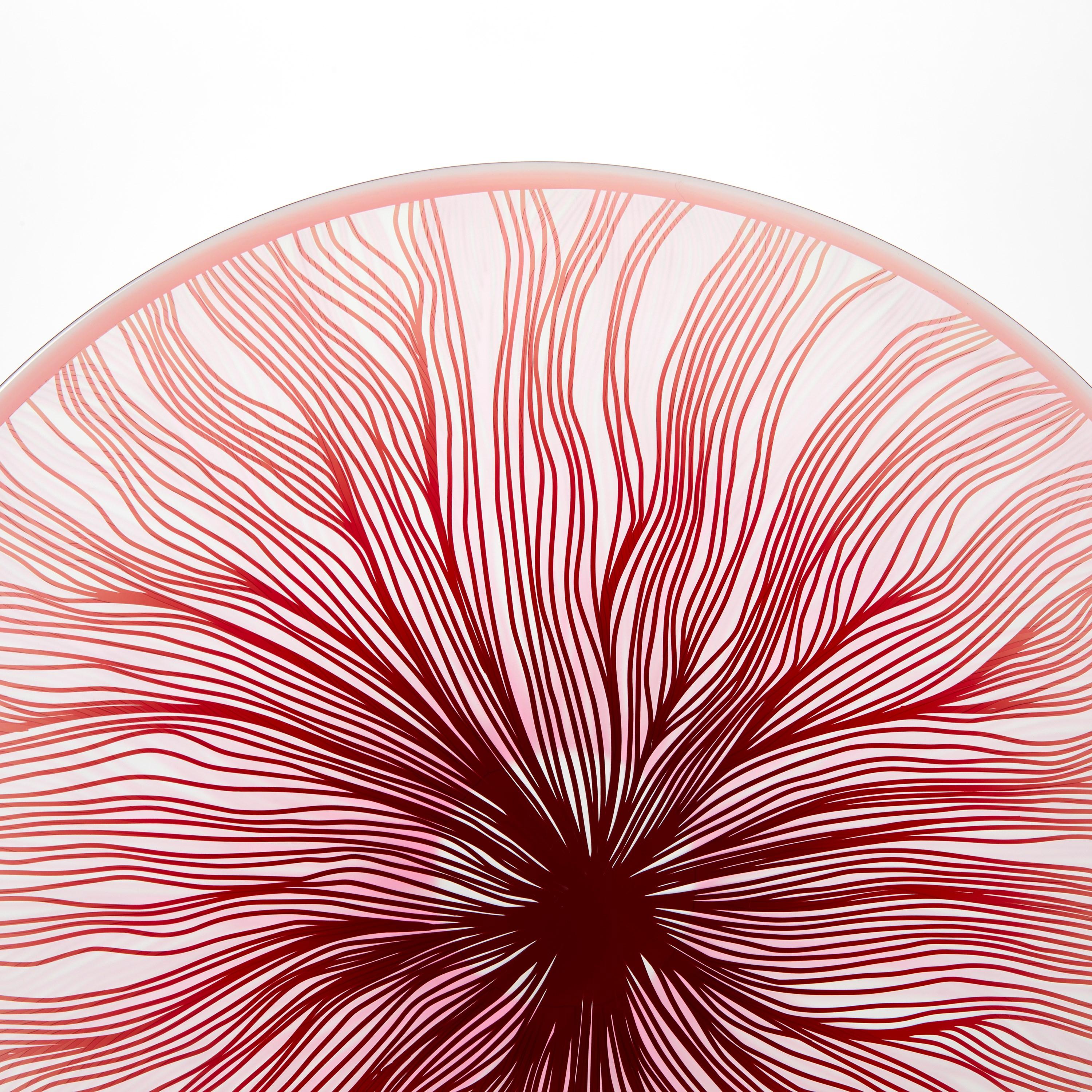Hand-Crafted Solar Storm Ruby Red over Pale Pink, a linear cut glass artwork by Kate Jones For Sale