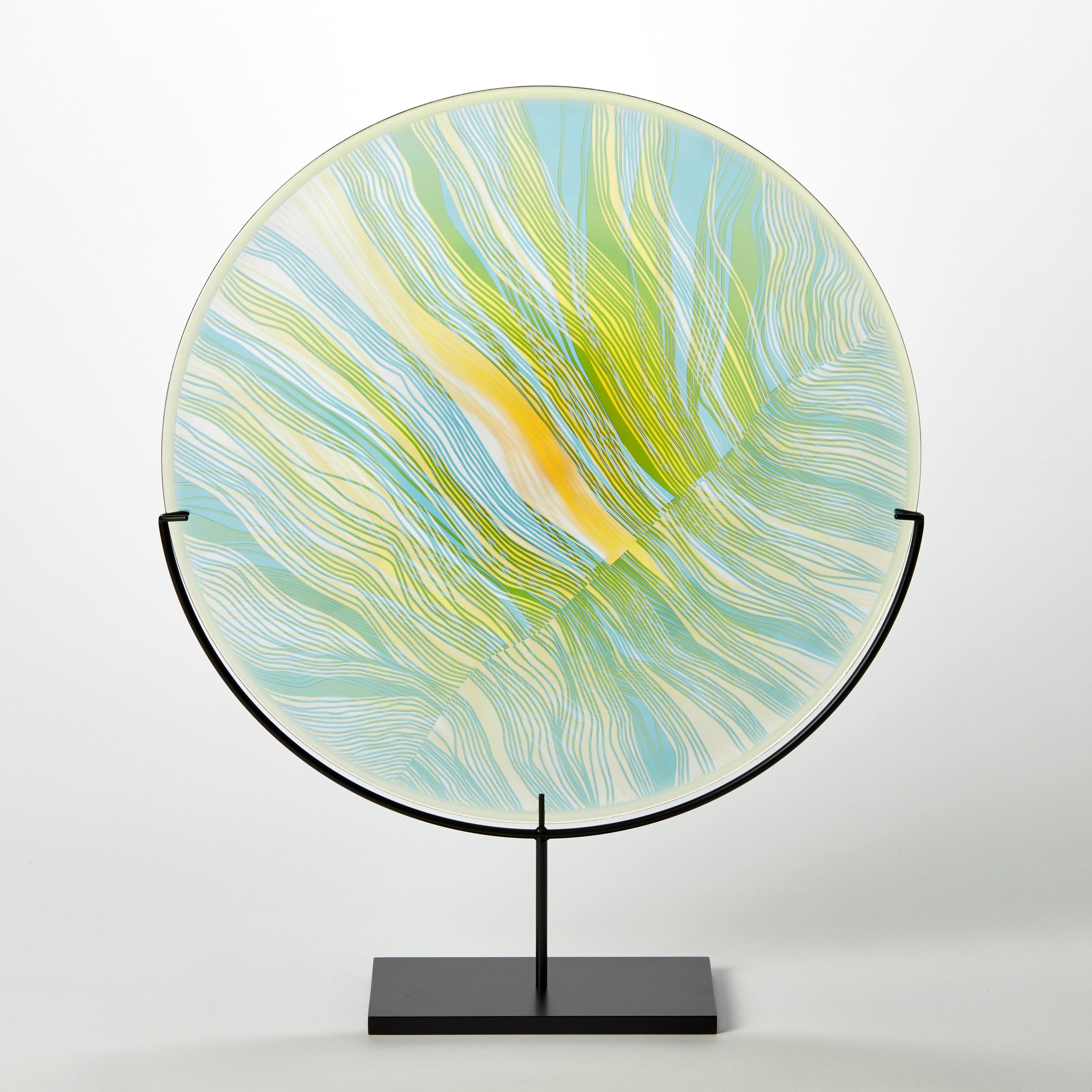 British Solar Storm Sky Blue over Gold, a contemporary cut glass artwork by Kate Jones For Sale