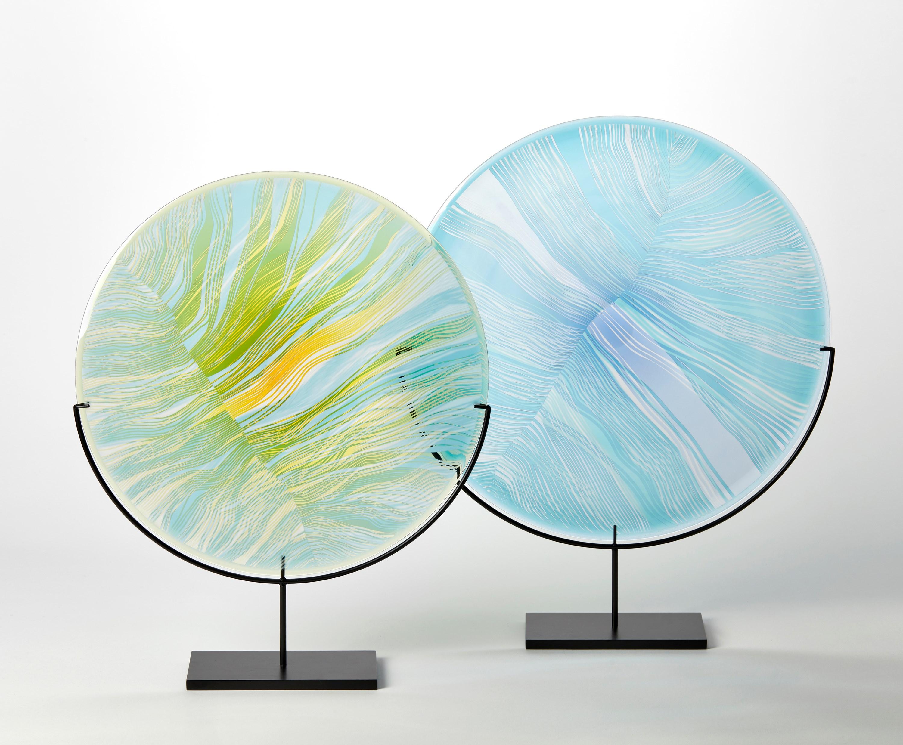 Hand-Crafted Solar Storm Sky Blue over Gold, a contemporary cut glass artwork by Kate Jones For Sale