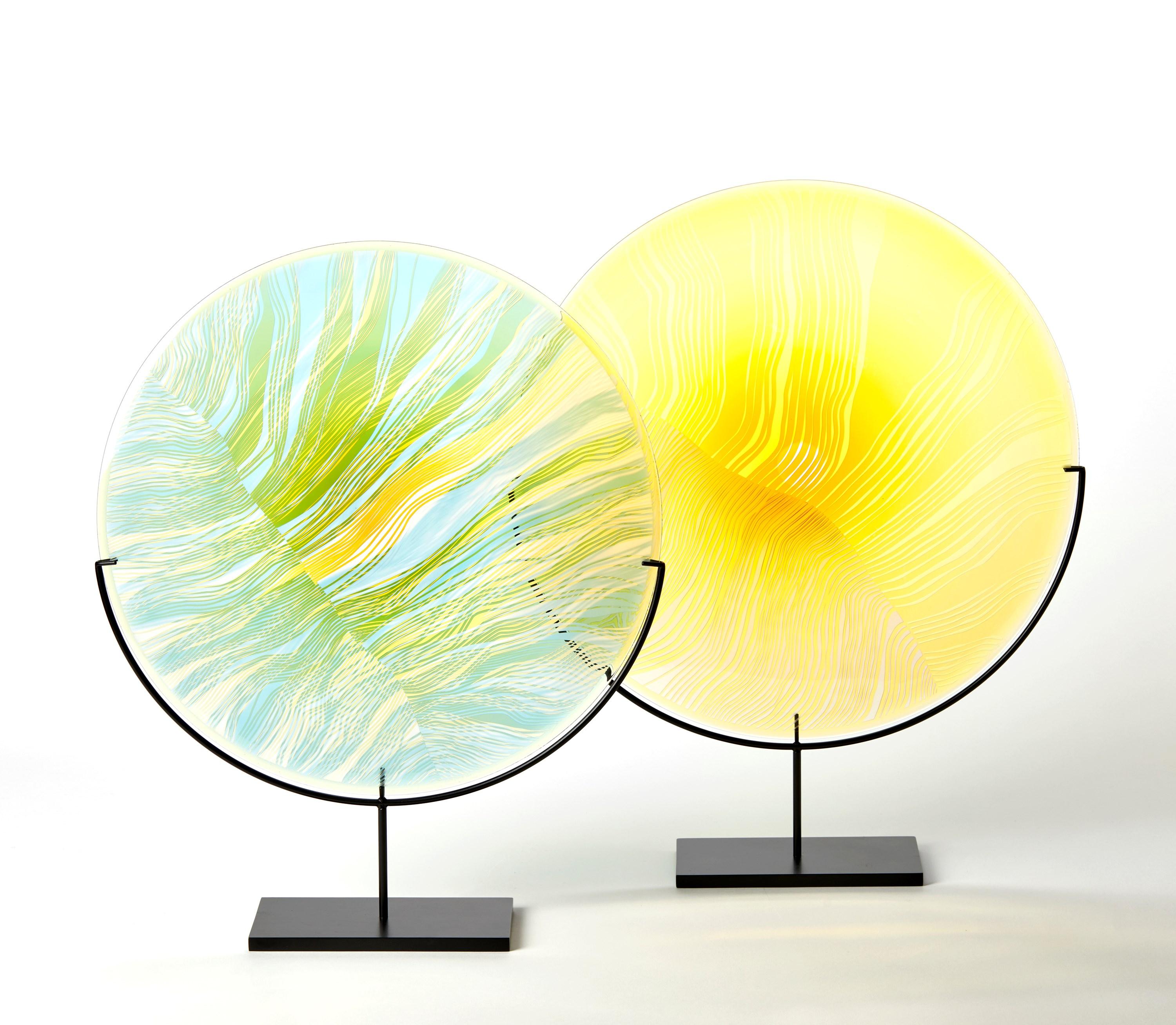 Contemporary Solar Storm Sky Blue over Gold, a contemporary cut glass artwork by Kate Jones For Sale