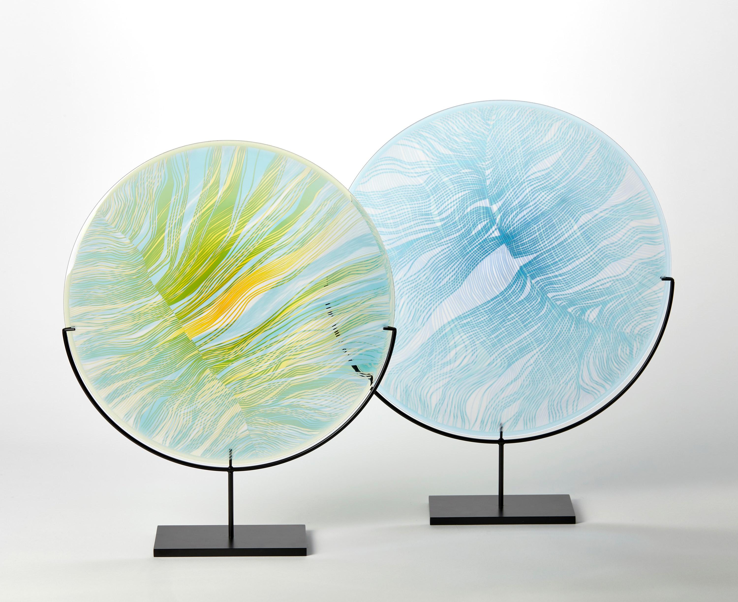 Steel Solar Storm Sky Blue over Gold, a contemporary cut glass artwork by Kate Jones For Sale