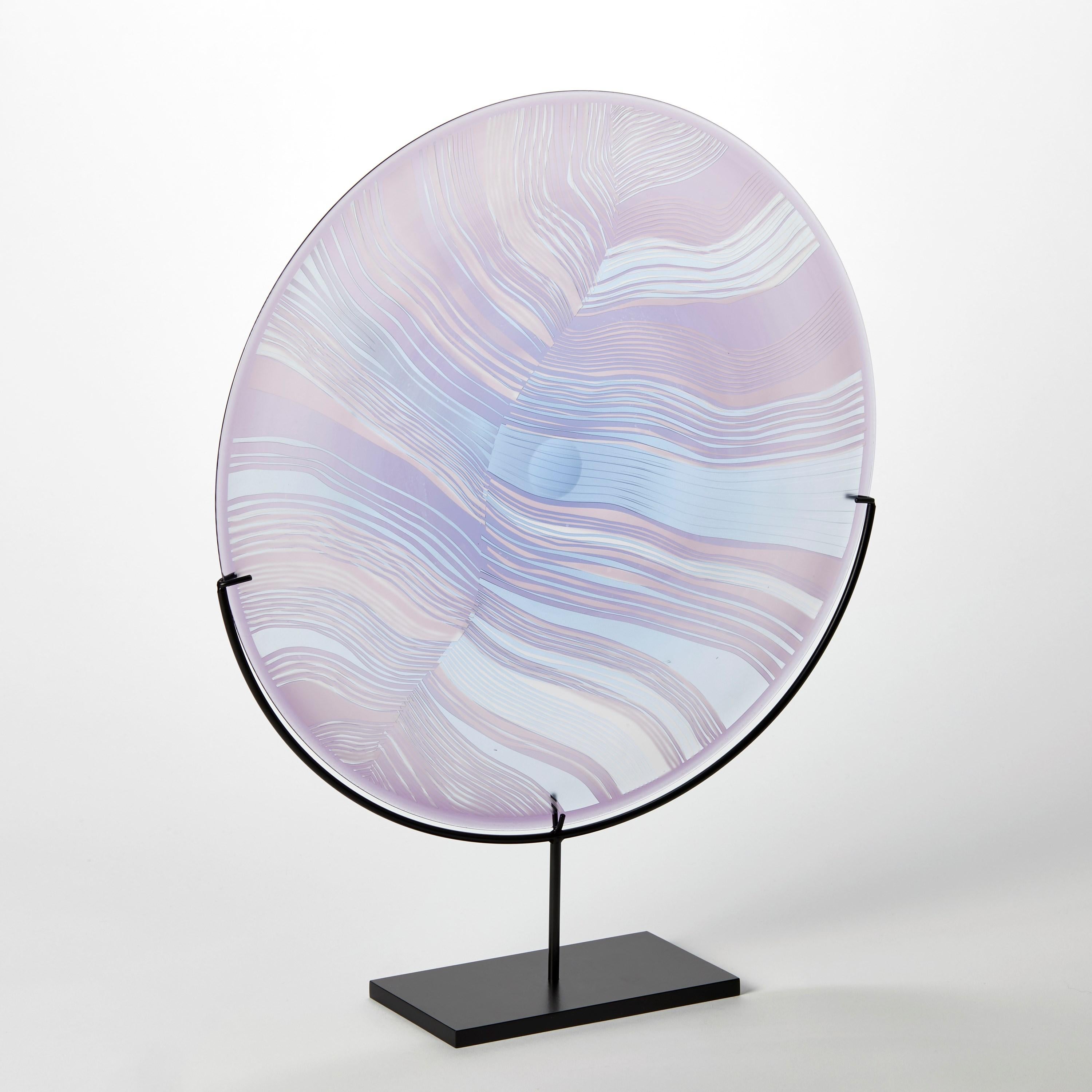 Organic Modern Solar Storm Sky Blue over Lilac, mounted linear cut glass artwork by Kate Jones For Sale
