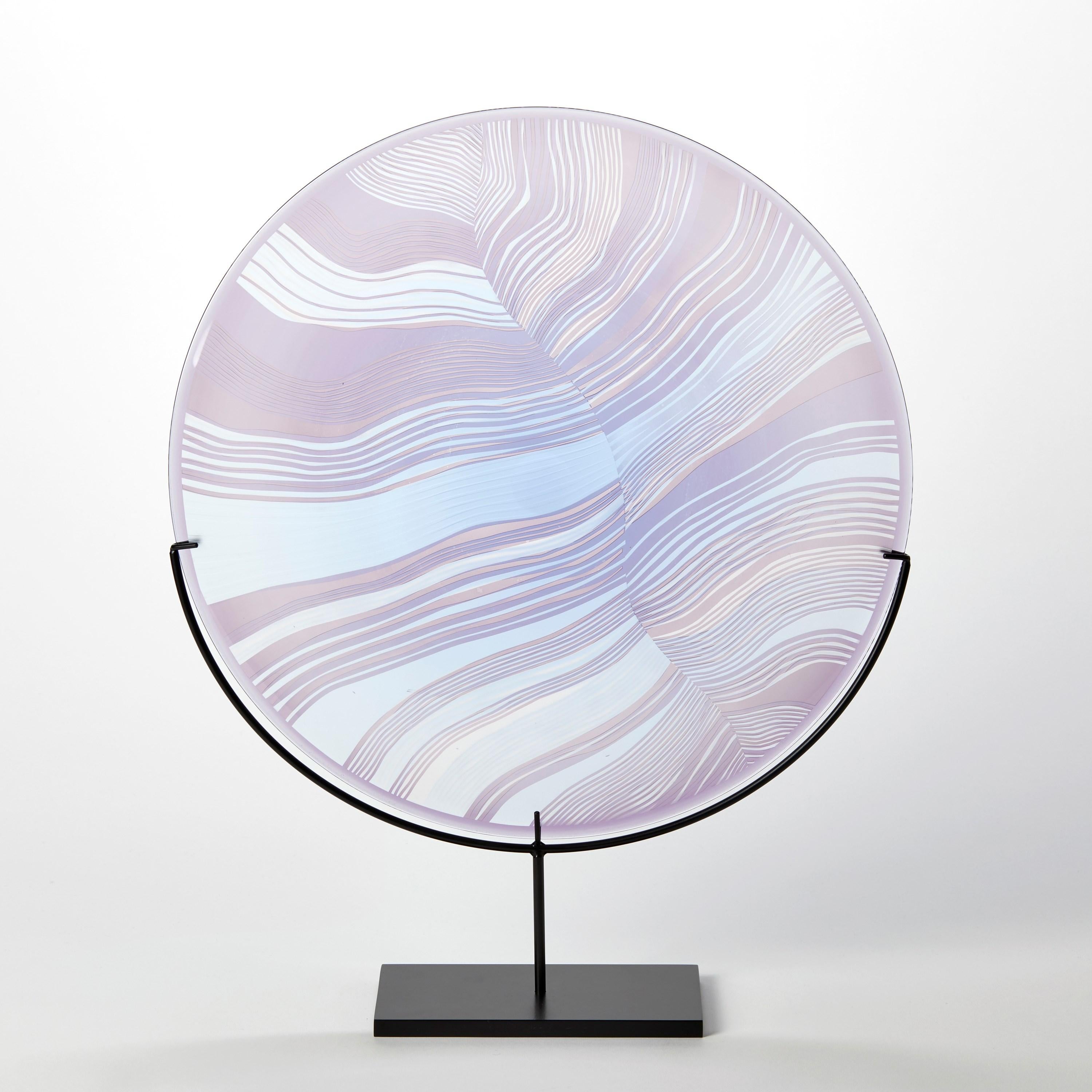 British Solar Storm Sky Blue over Lilac, mounted linear cut glass artwork by Kate Jones For Sale