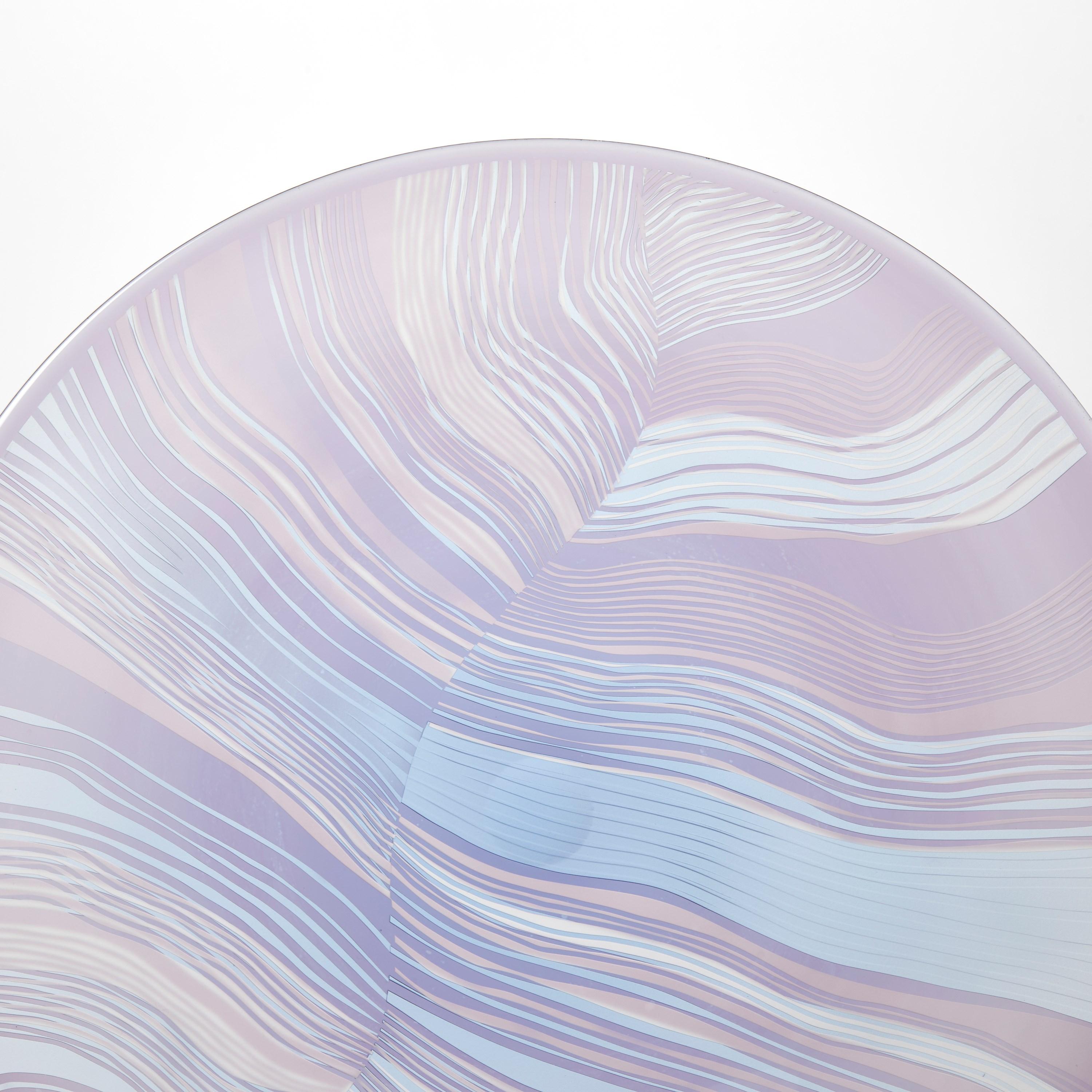 Hand-Crafted Solar Storm Sky Blue over Lilac, mounted linear cut glass artwork by Kate Jones For Sale