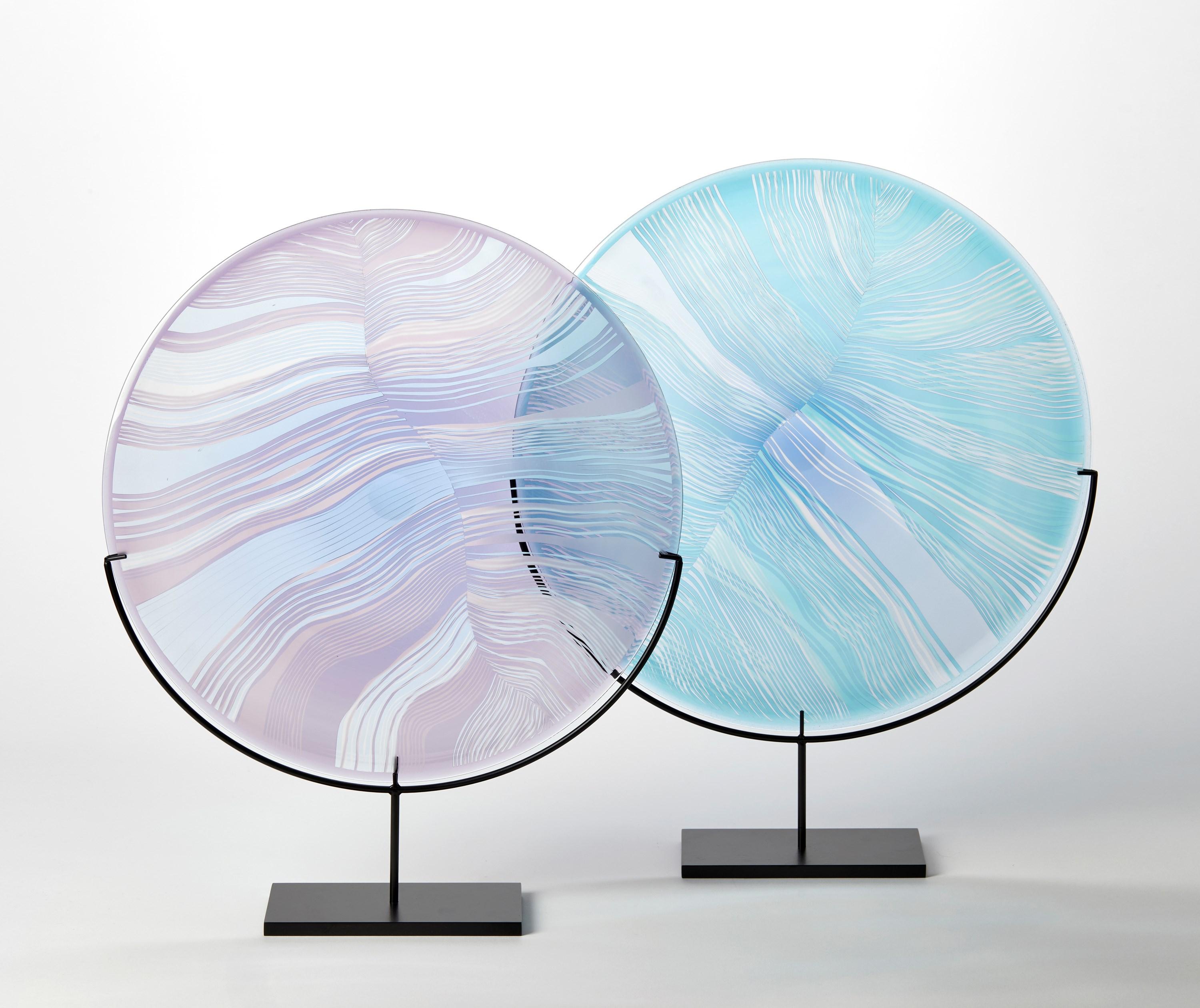 Solar Storm Sky Blue over Lilac, mounted linear cut glass artwork by Kate Jones In New Condition For Sale In London, GB