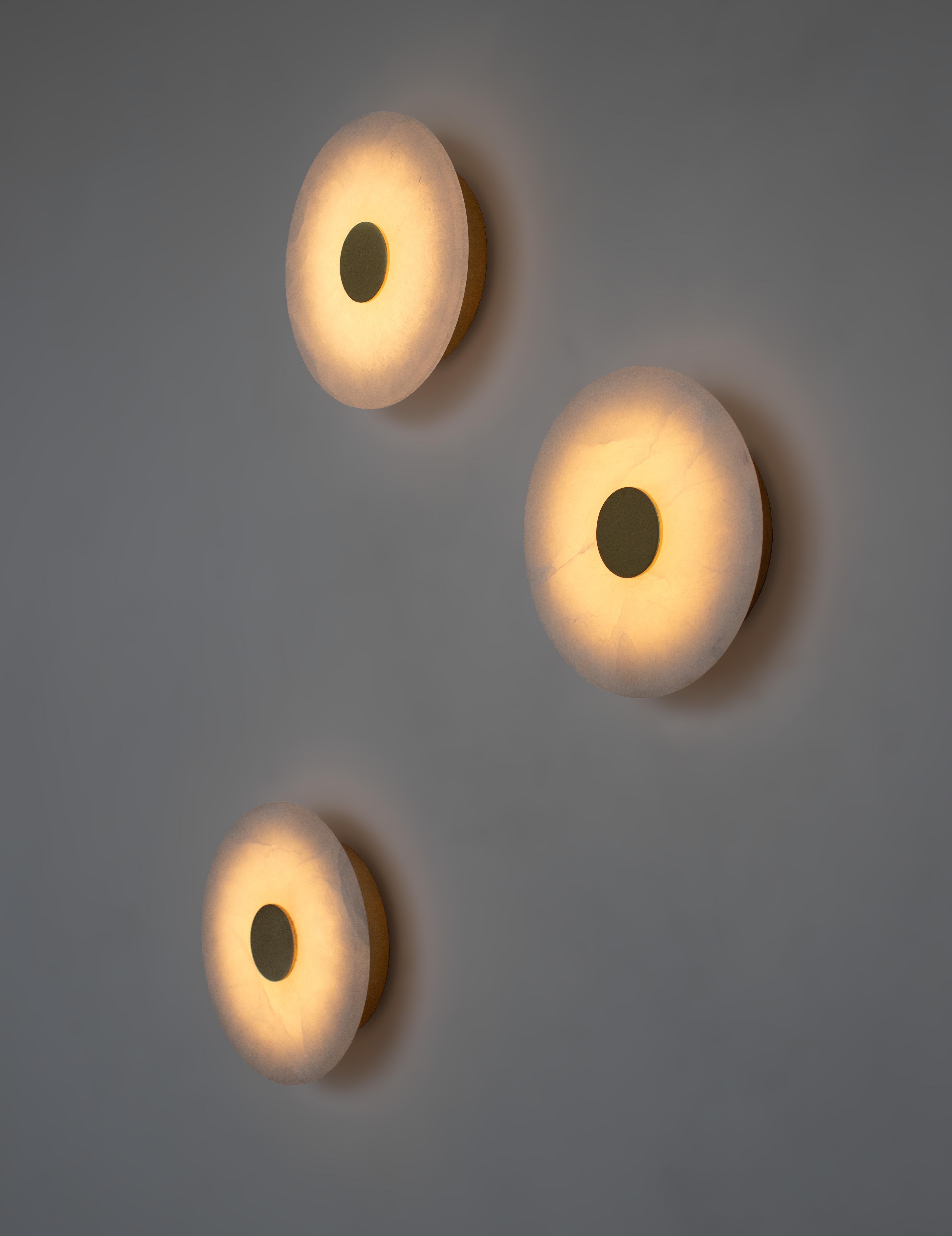 Hand-Crafted Solara Wall Sconce - 6 inch - Alabaster - Satin Brass For Sale