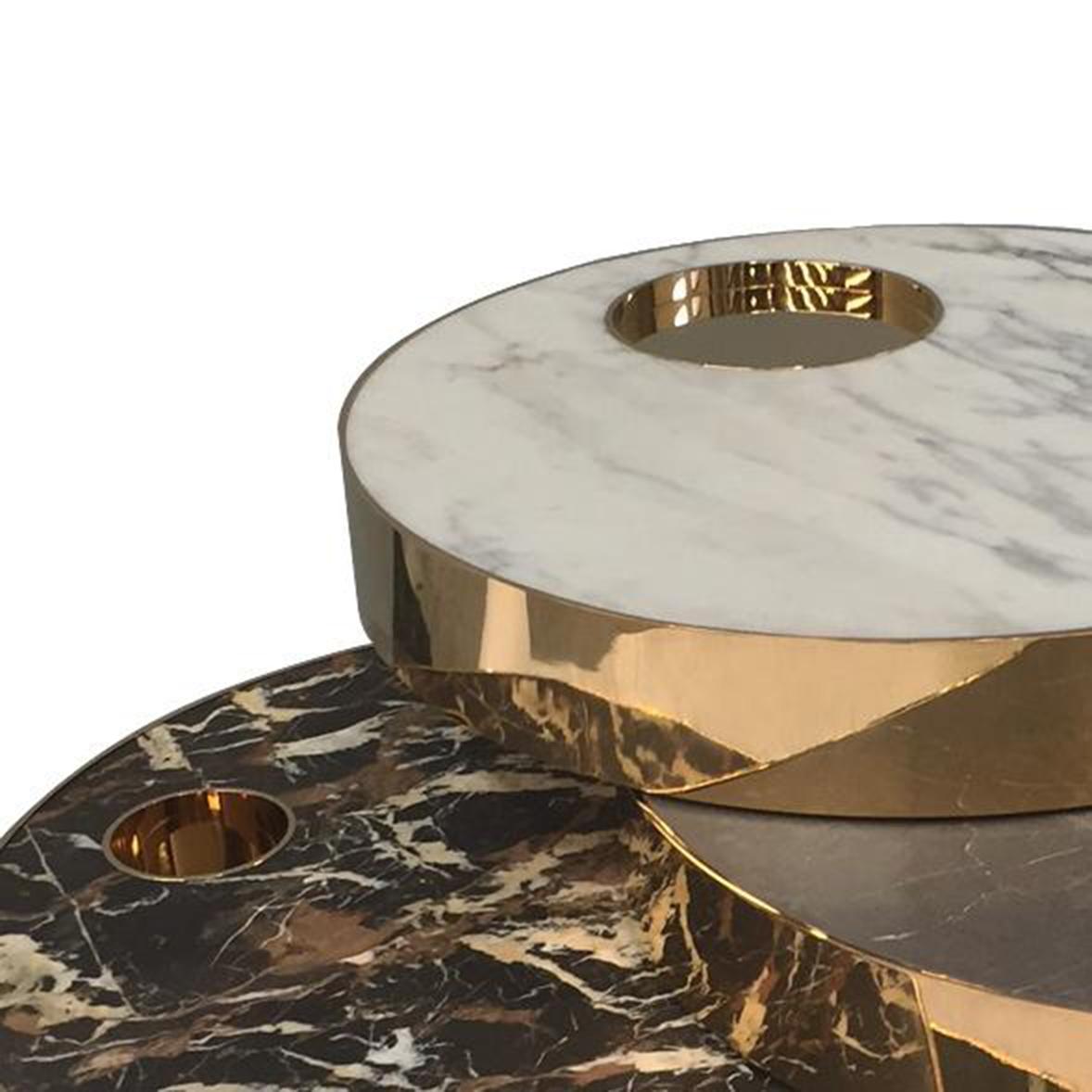 British Solaris Kinetic Blue Marble and Brass Round Coffee Table with moving plates  For Sale