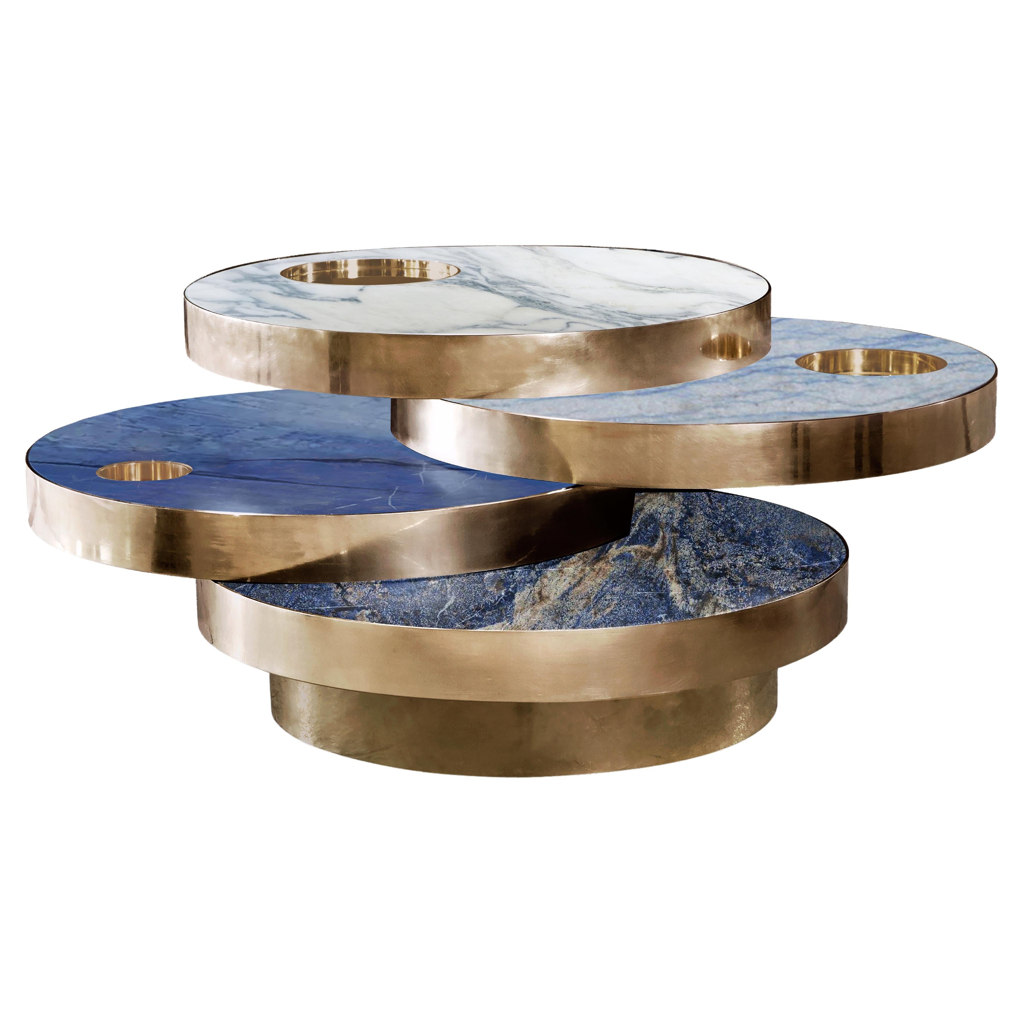 Table basse ronde cinétique Solaris en marbre bleu et laiton avec assiettes mobiles 