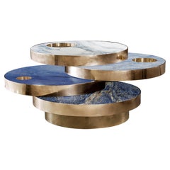 Solaris Kinetic Blue Marble and Brass Round Coffee Table with moving plates 