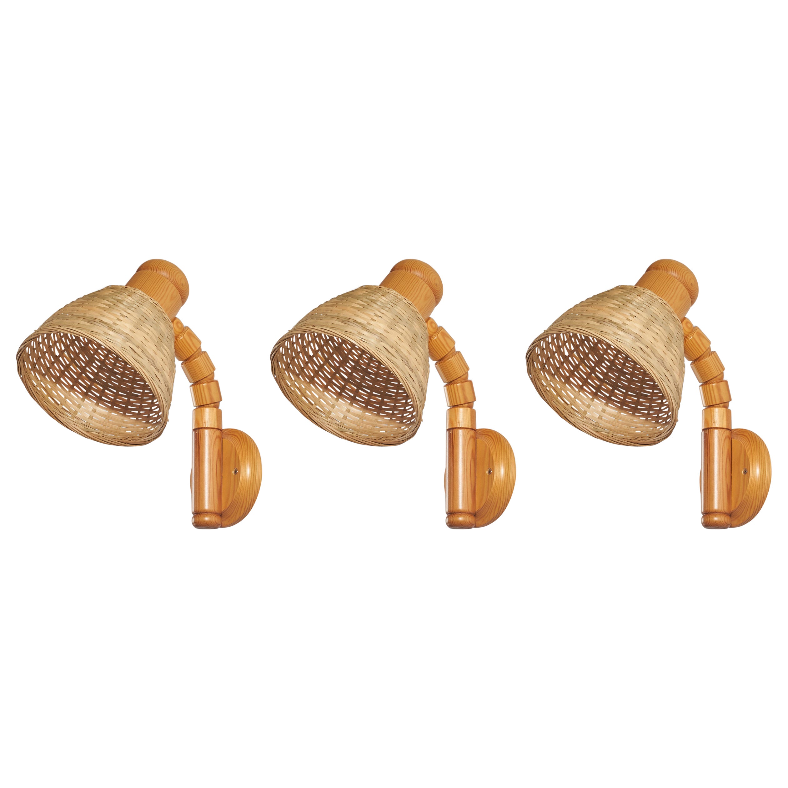 Solbackens Svarveri, Set of Wall Lights, Turned Pine, Rattan, Sweden, 1970s For Sale