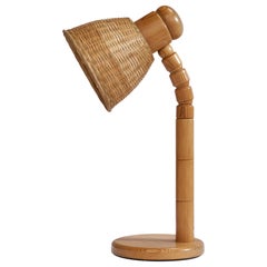 Solbackens Svarveri, Table Lamp, Pine, Rattan, Sweden, 1970s