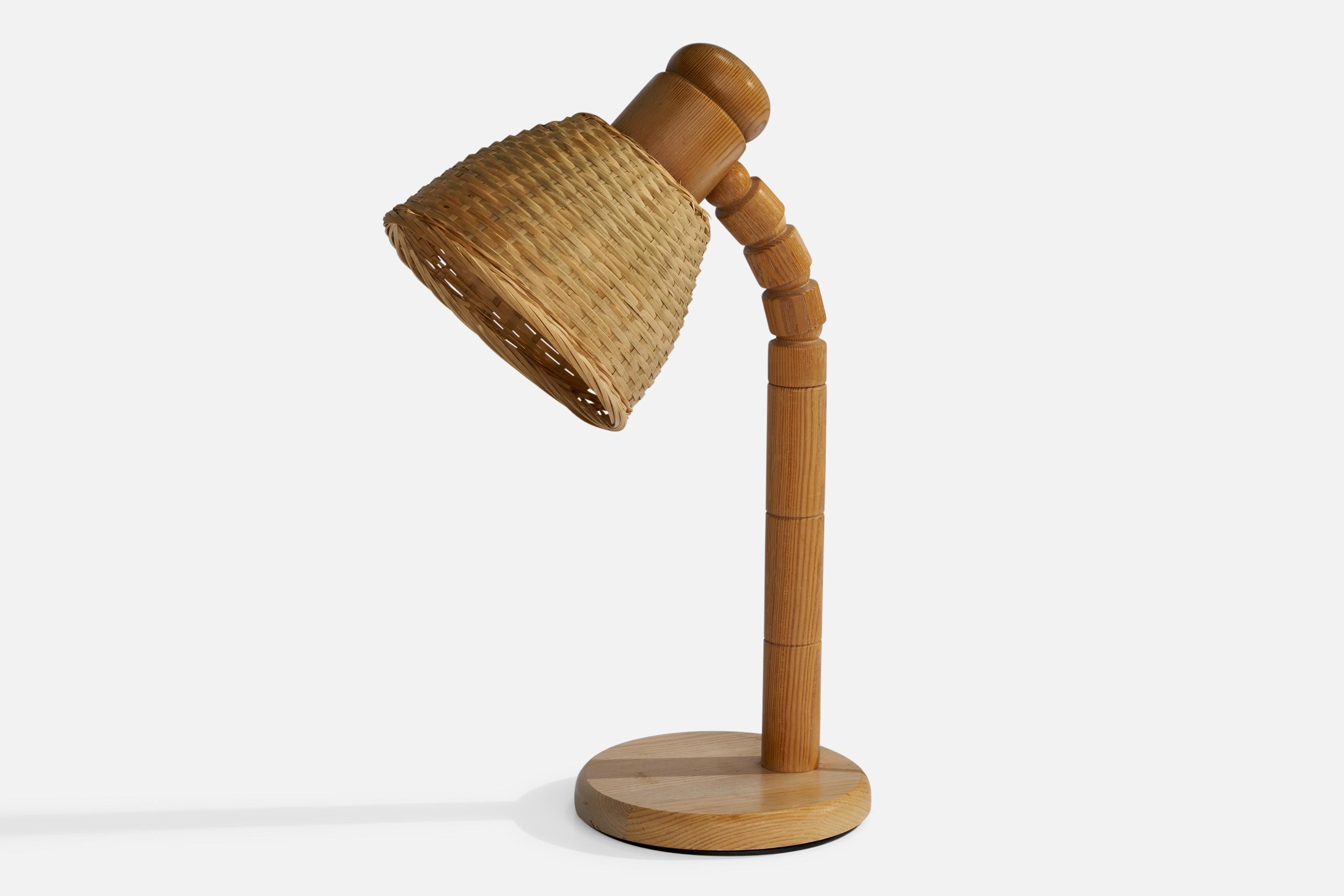 Solbackens Svarveri, Table Lamps, Pine, Rattan, Sweden, 1970s In Good Condition For Sale In High Point, NC