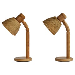 Solbackens Svarveri, Tischlampen, Kiefernholz, Rattan, Schweden, 1970er Jahre
