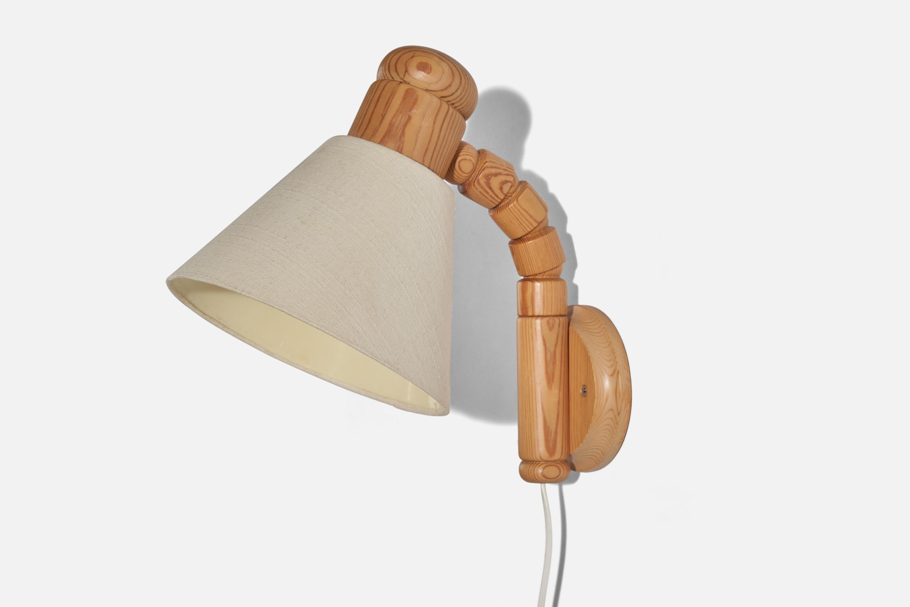 Late 20th Century Solbackens Svarveri, Wall Lights, Pine, Fabric, Sweden, 1970s For Sale