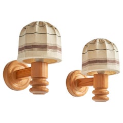 Solbackens Svarveri, Wall Lights, Pine, Fabric, Sweden, 1970s