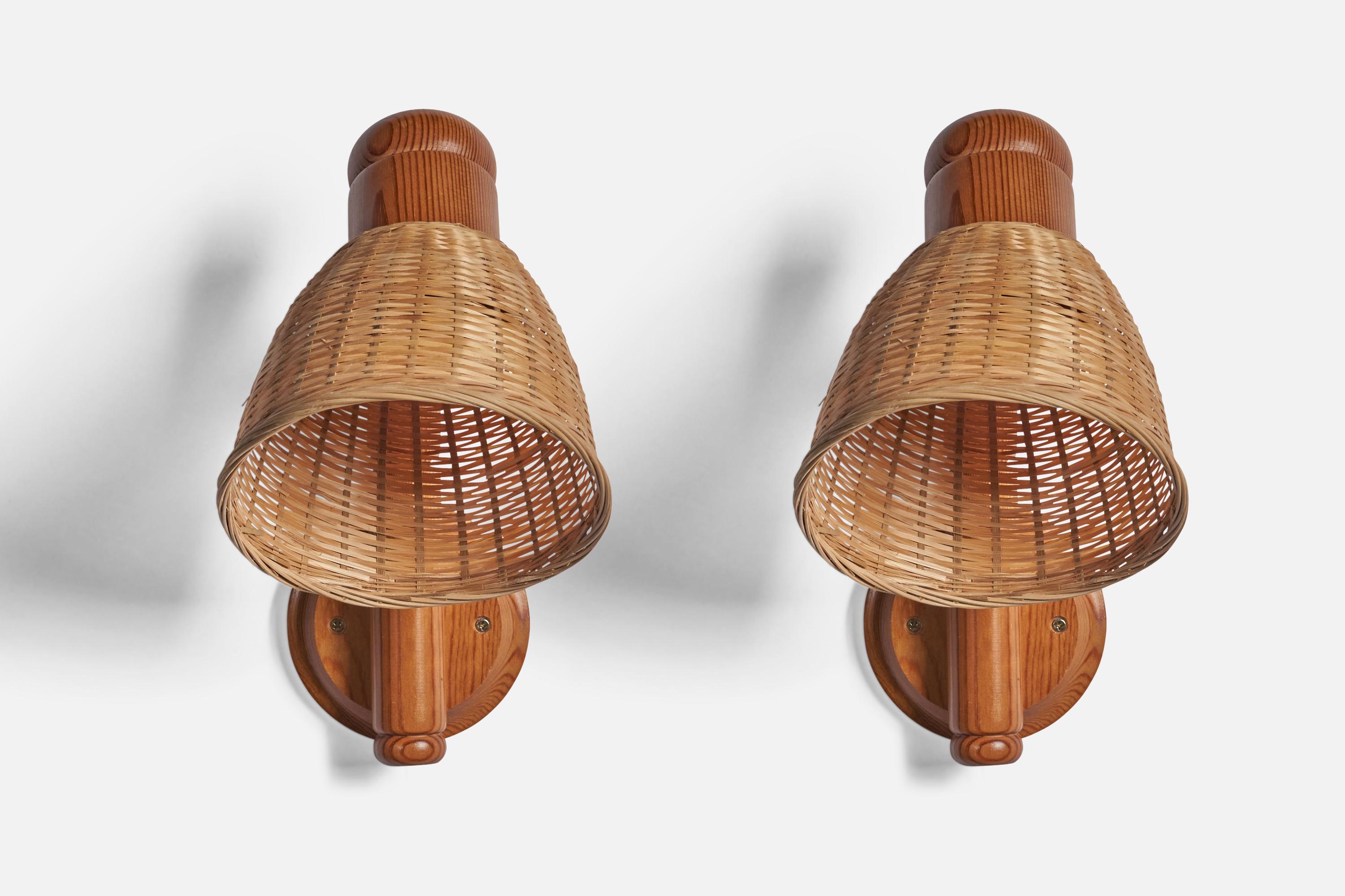 Solbackens Svarveri, Wall Lights, Pine, Rattan, Sweden, 1970s In Good Condition In High Point, NC