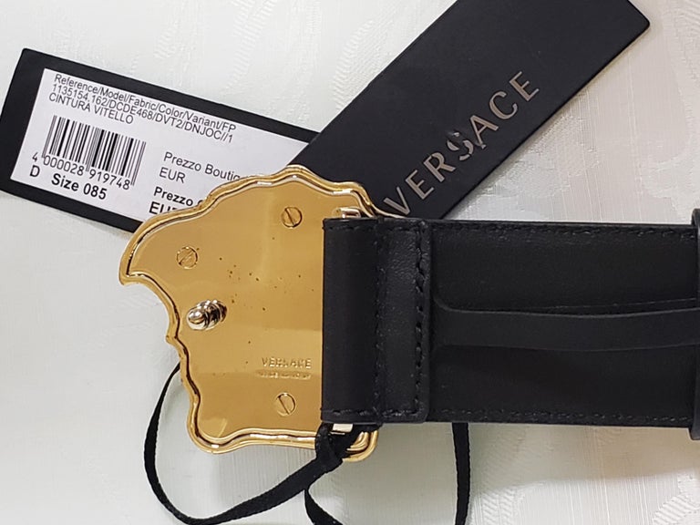 VERSACE Black & Silver Large Medusa Buckle Belt Size 85 or 34 US Leather  ITALY
