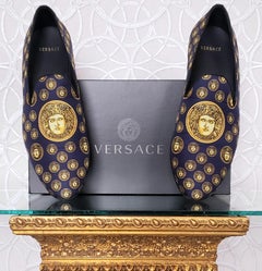 SOLD OUT!!! NEW VERSACE NAVY BLUE SILK LOAFERS w/GOLD MEDUSA PRINT Sz 11