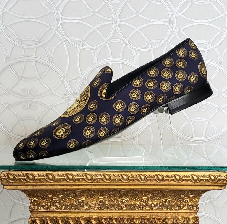 SOLD OUT!!! NEW VERSACE NAVY BLUE SILK LOAFERS w/GOLD MEDUSA PRINT Sz 11  For Sale at 1stDibs