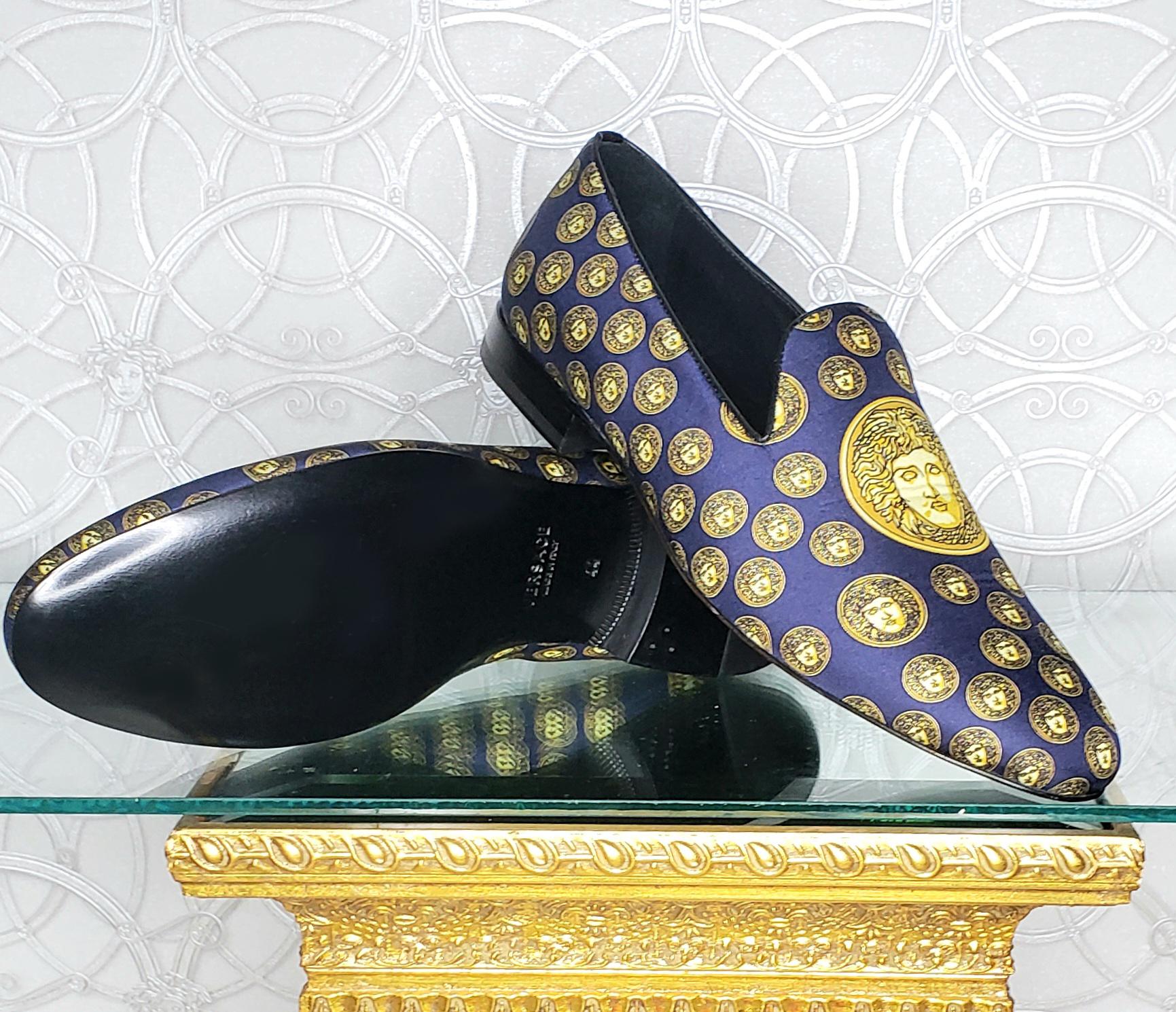 Black SOLD OUT!!! NEW VERSACE NAVY BLUE SILK LOAFERS w/GOLD MEDUSA PRINT Sz 11 For Sale