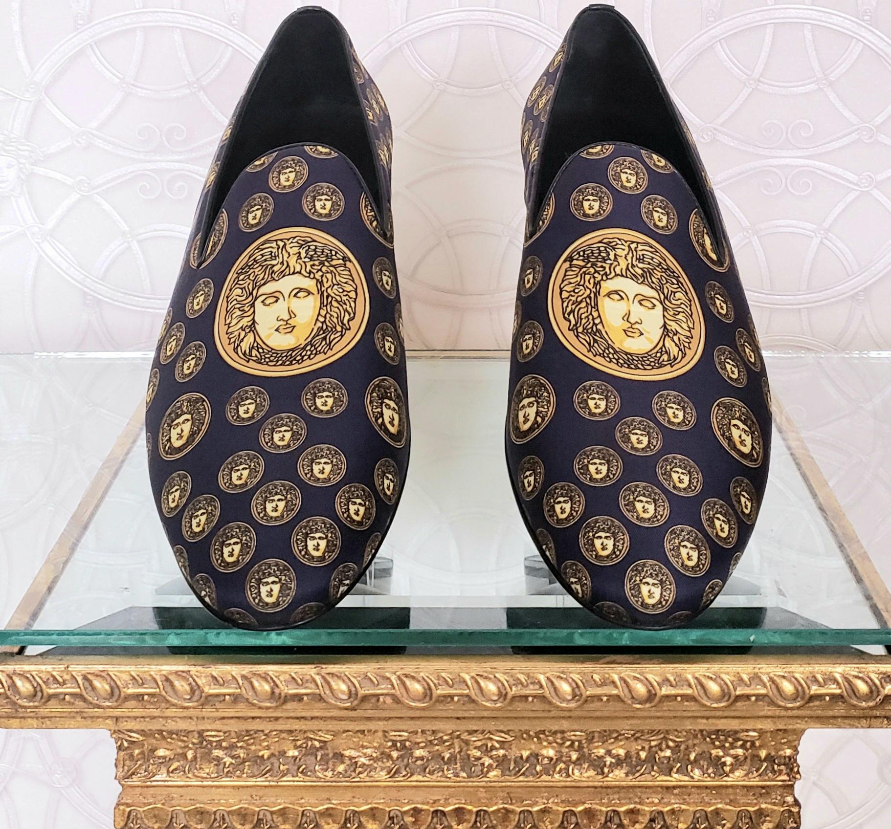 Men's SOLD OUT!!! NEW VERSACE NAVY BLUE SILK LOAFERS w/GOLD MEDUSA PRINT Sz 11 For Sale