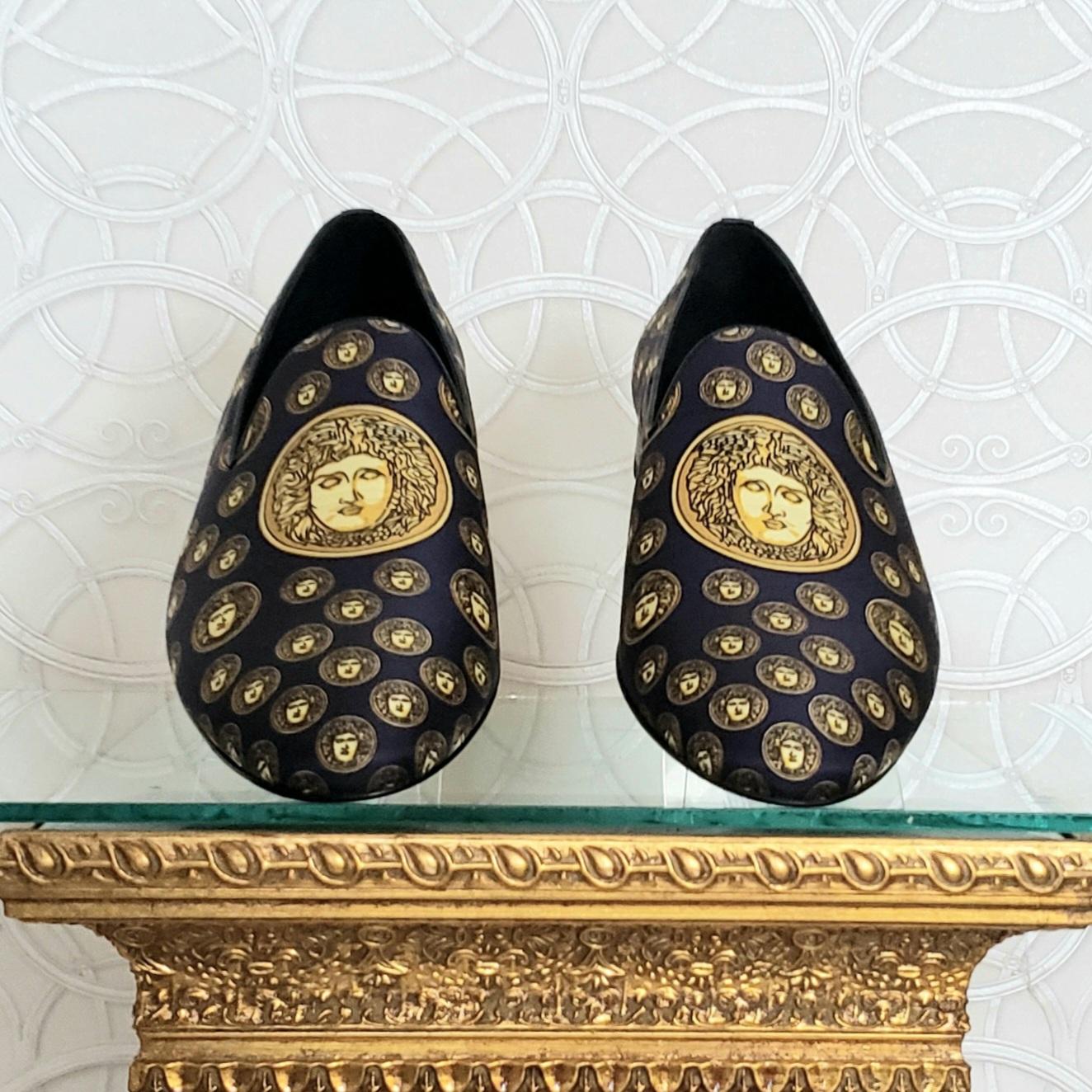 SOLD OUT!!! NEW VERSACE NAVY BLUE SILK LOAFERS w/GOLD MEDUSA PRINT Sz 11 For Sale 1