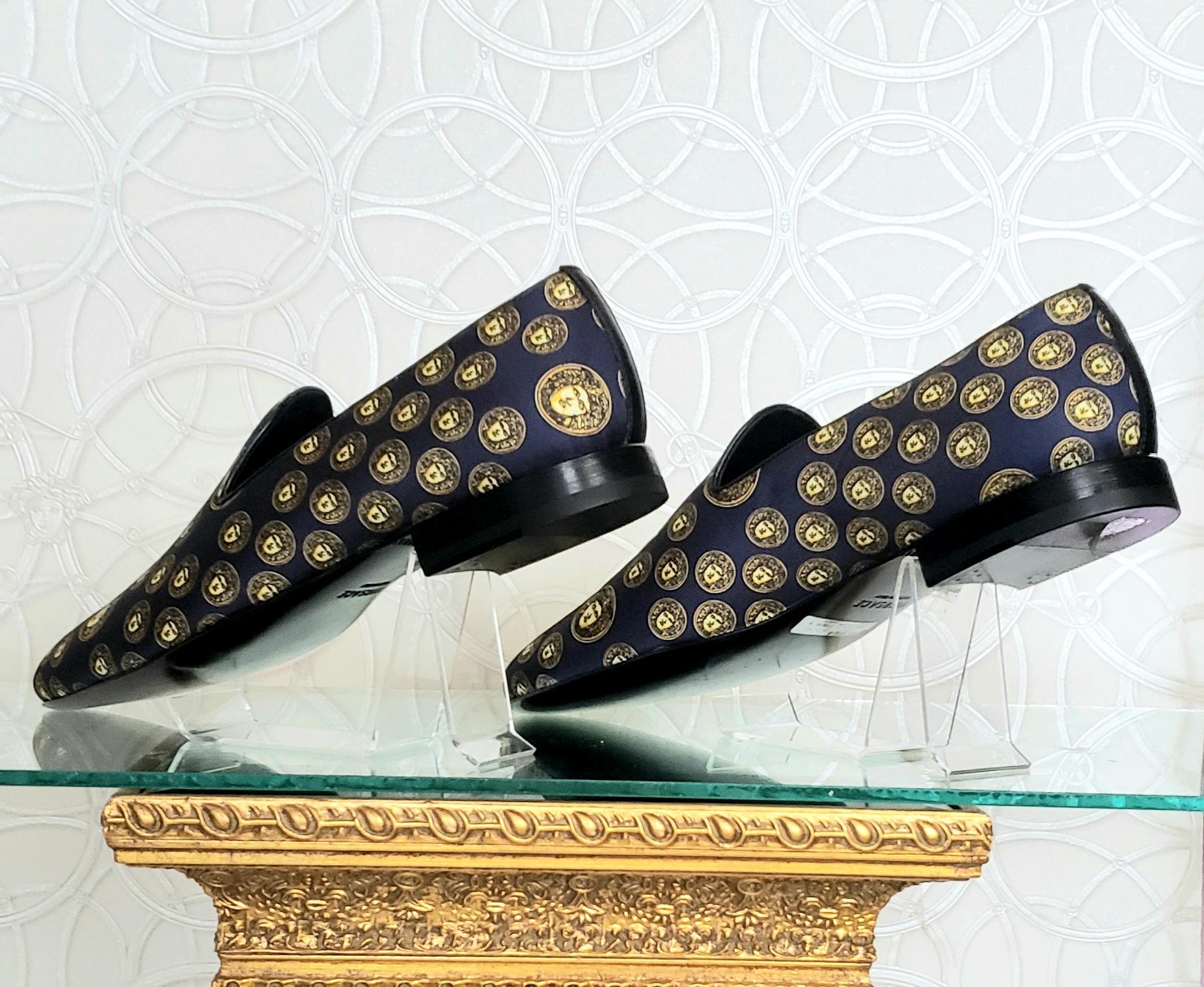SOLD OUT!!! NEW VERSACE NAVY BLUE SILK LOAFERS w/GOLD MEDUSA PRINT Sz 11 For Sale 2